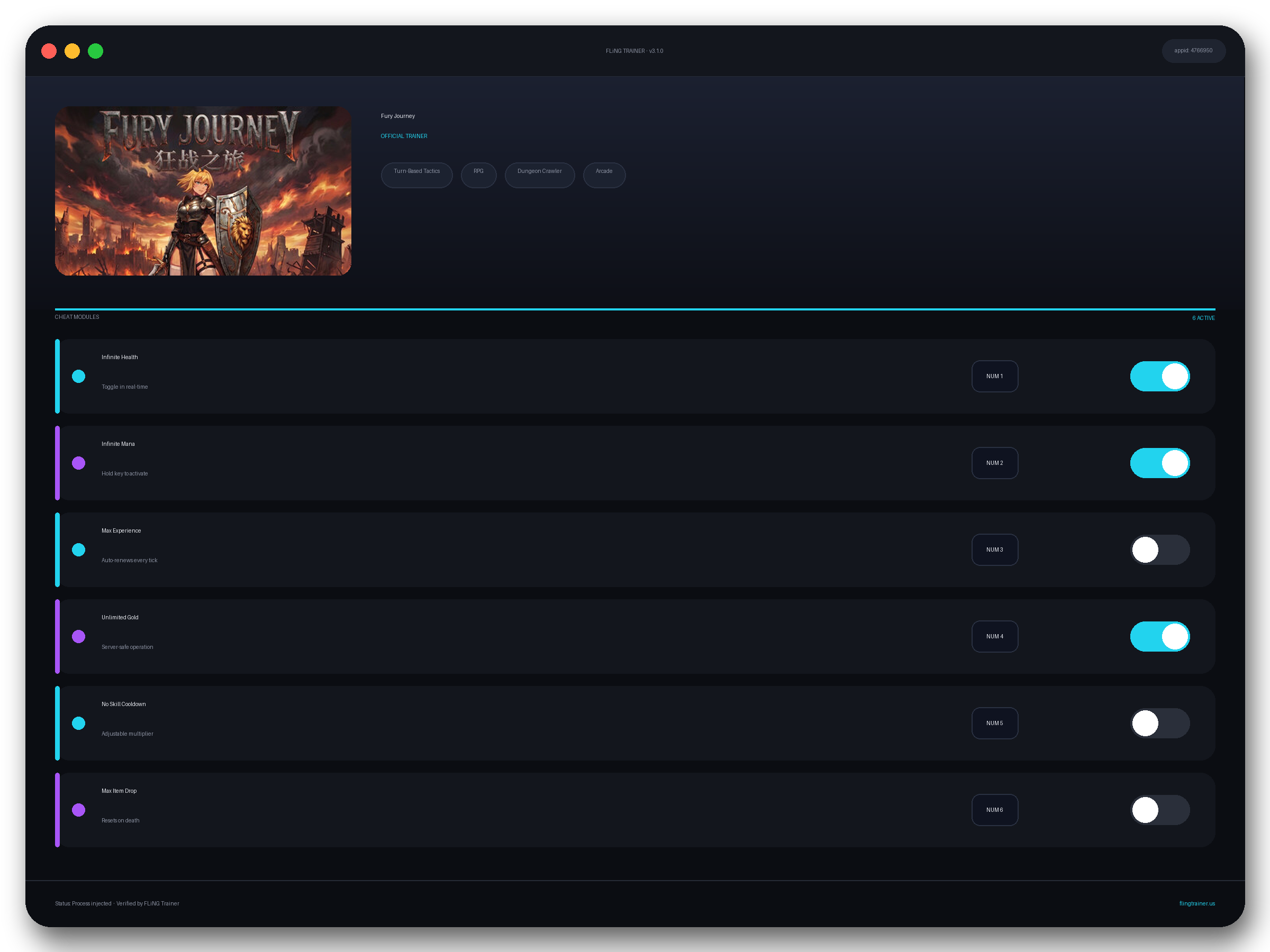 Fury Journey Trainer interface