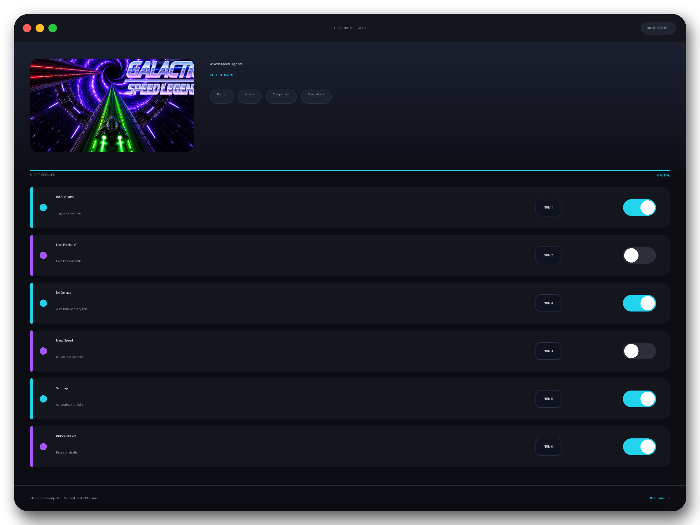 Galactic Speed Legends Trainer interface
