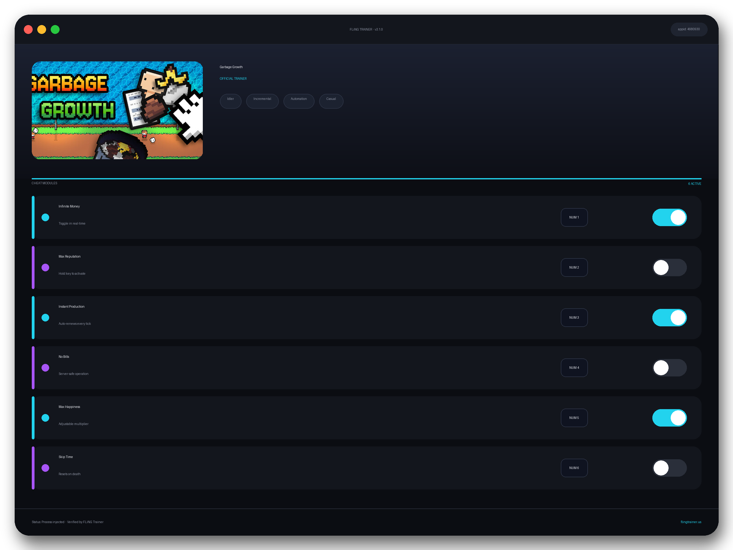 Garbage Growth Trainer interface