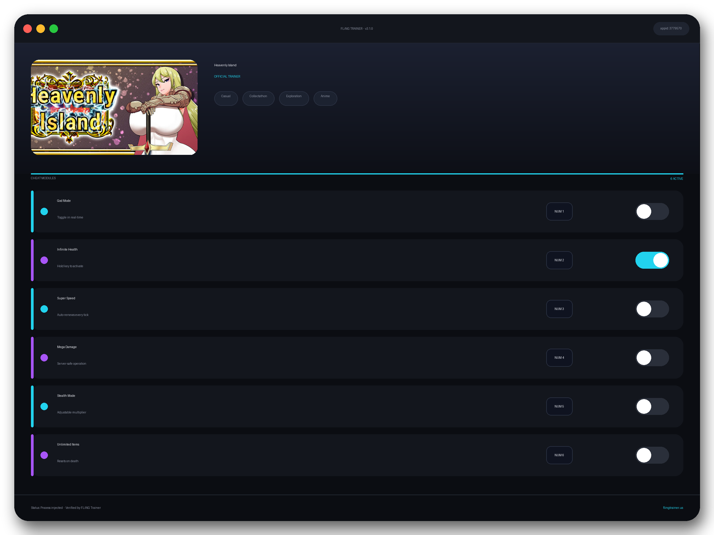 Heavenly Island Trainer interface