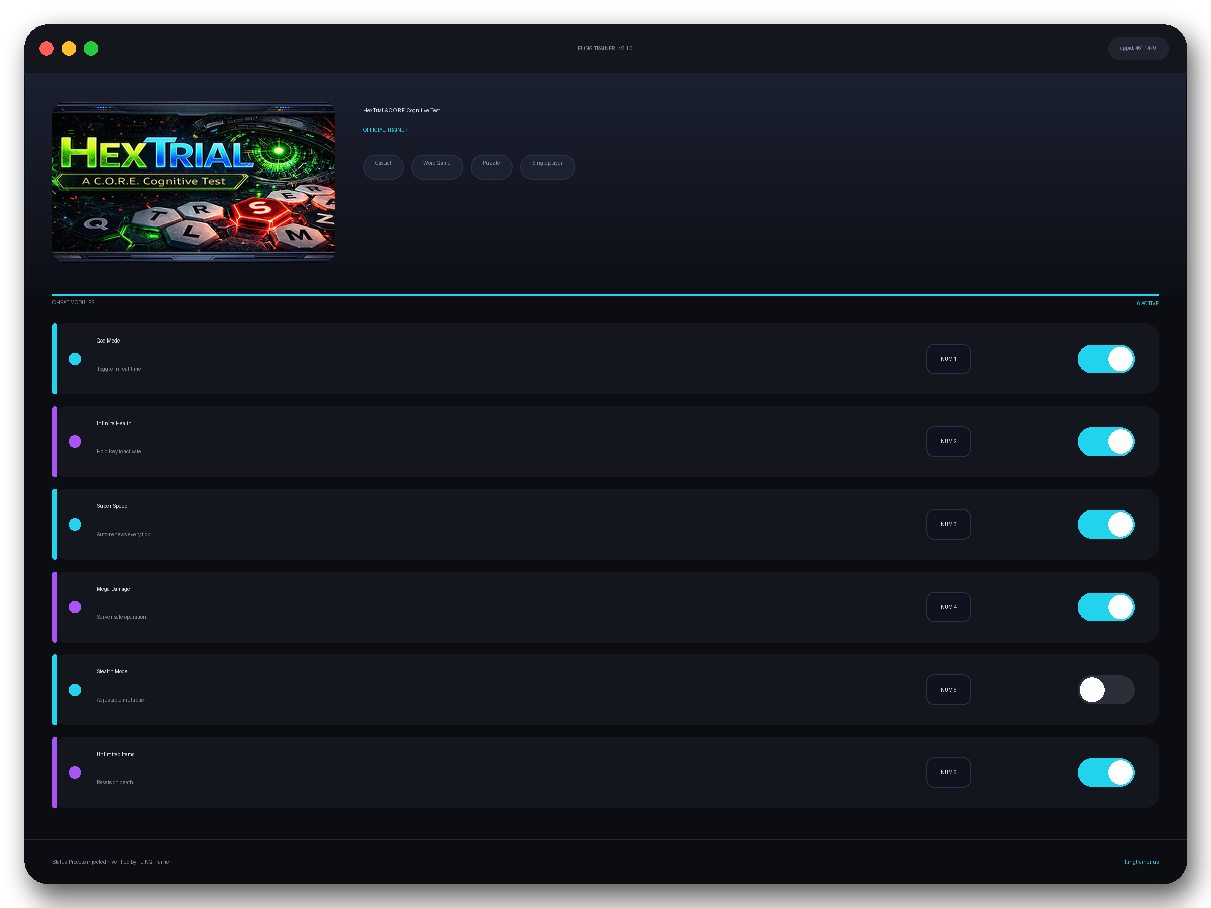 HexTrial A C.O.R.E. Cognitive Test Trainer interface