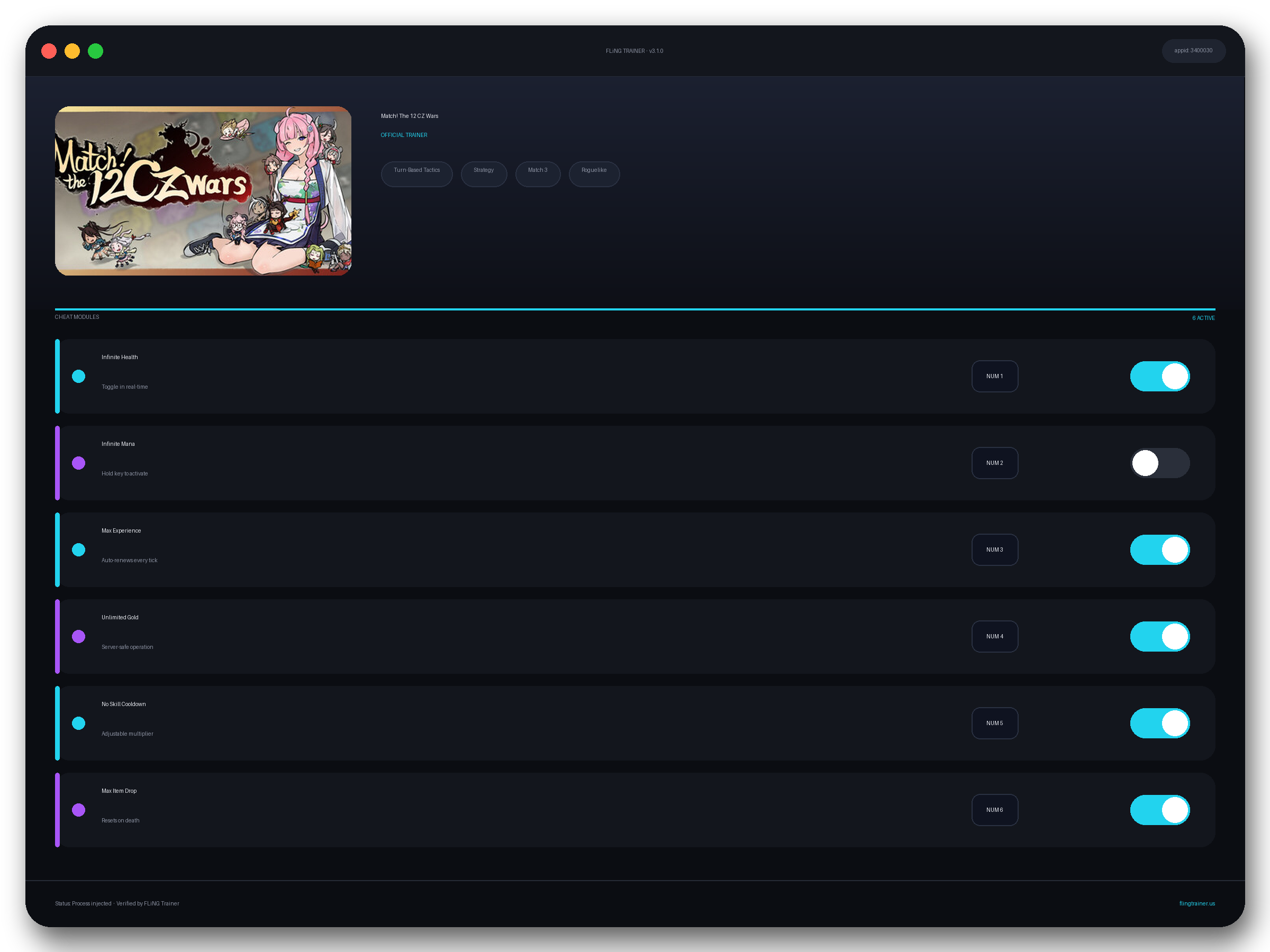 Match! The 12 CZ Wars Trainer interface