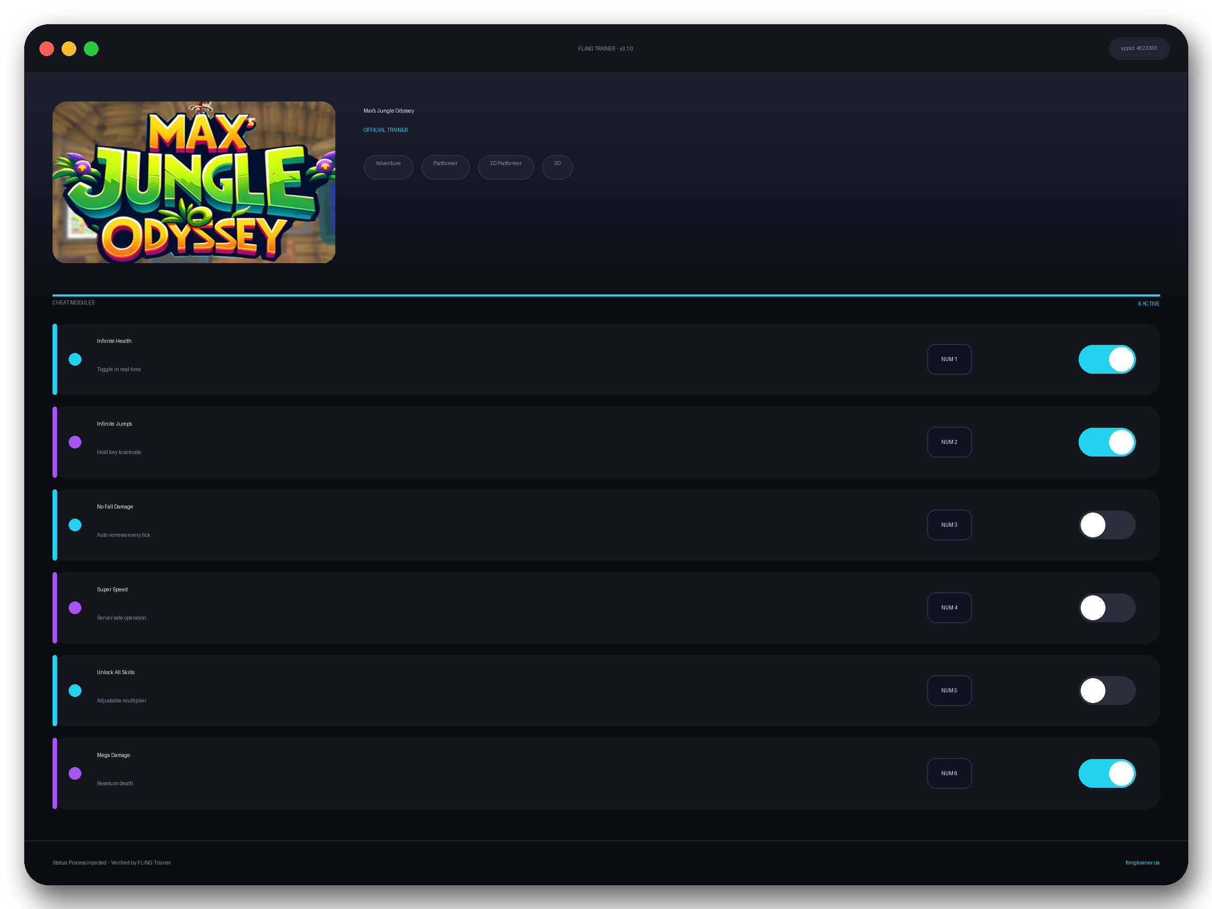 Max's Jungle Odyssey Trainer interface