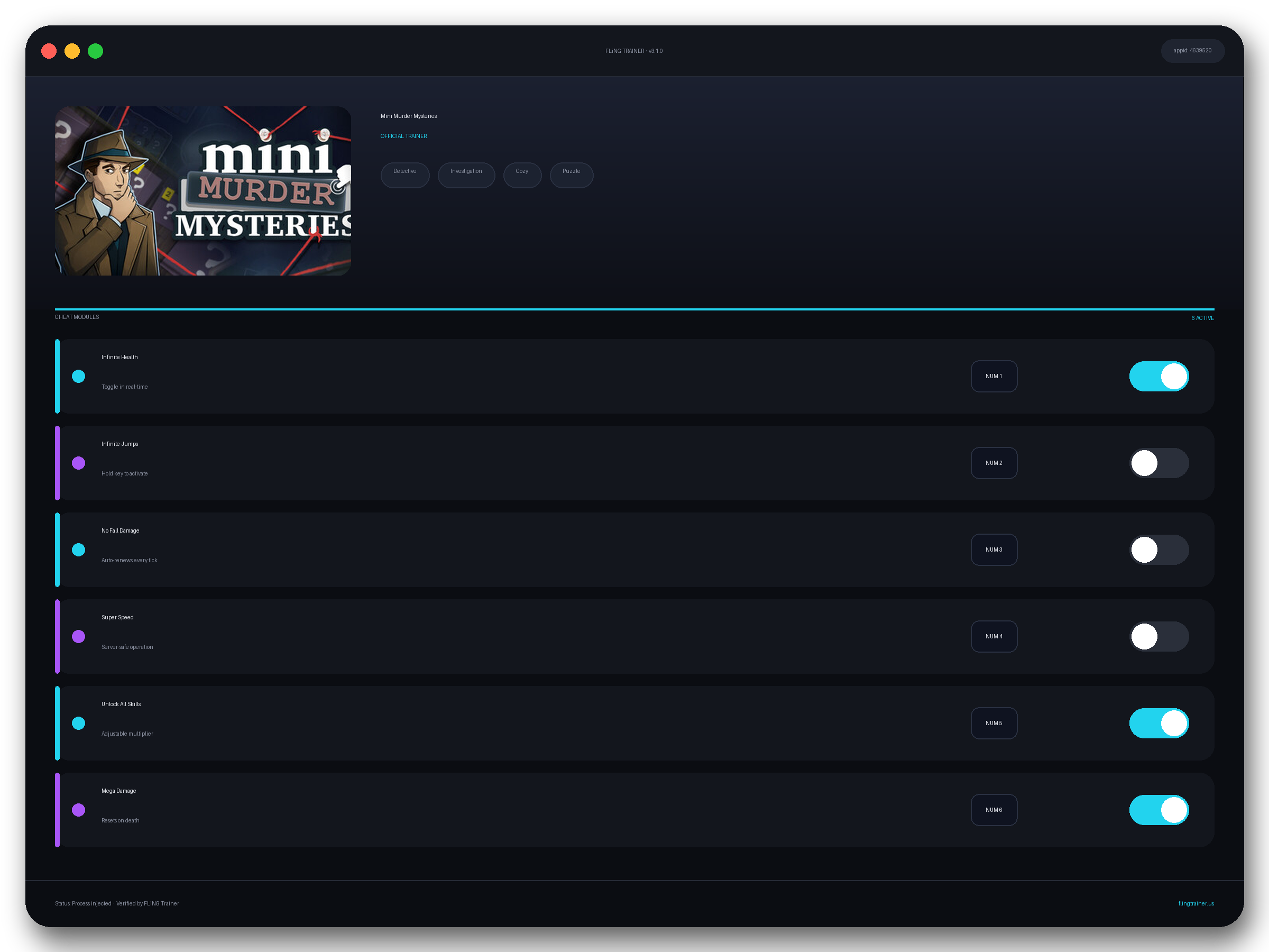 Mini Murder Mysteries Trainer interface