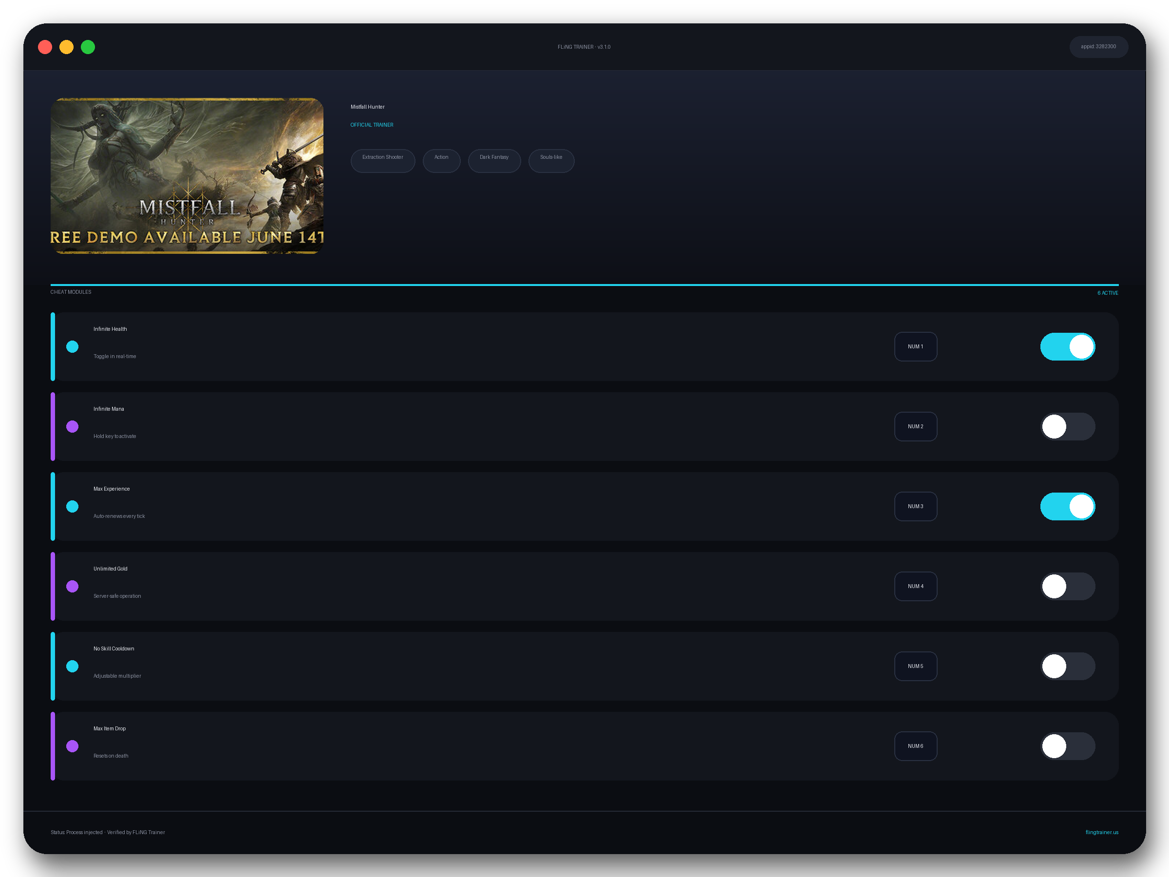 Mistfall Hunter Trainer interface