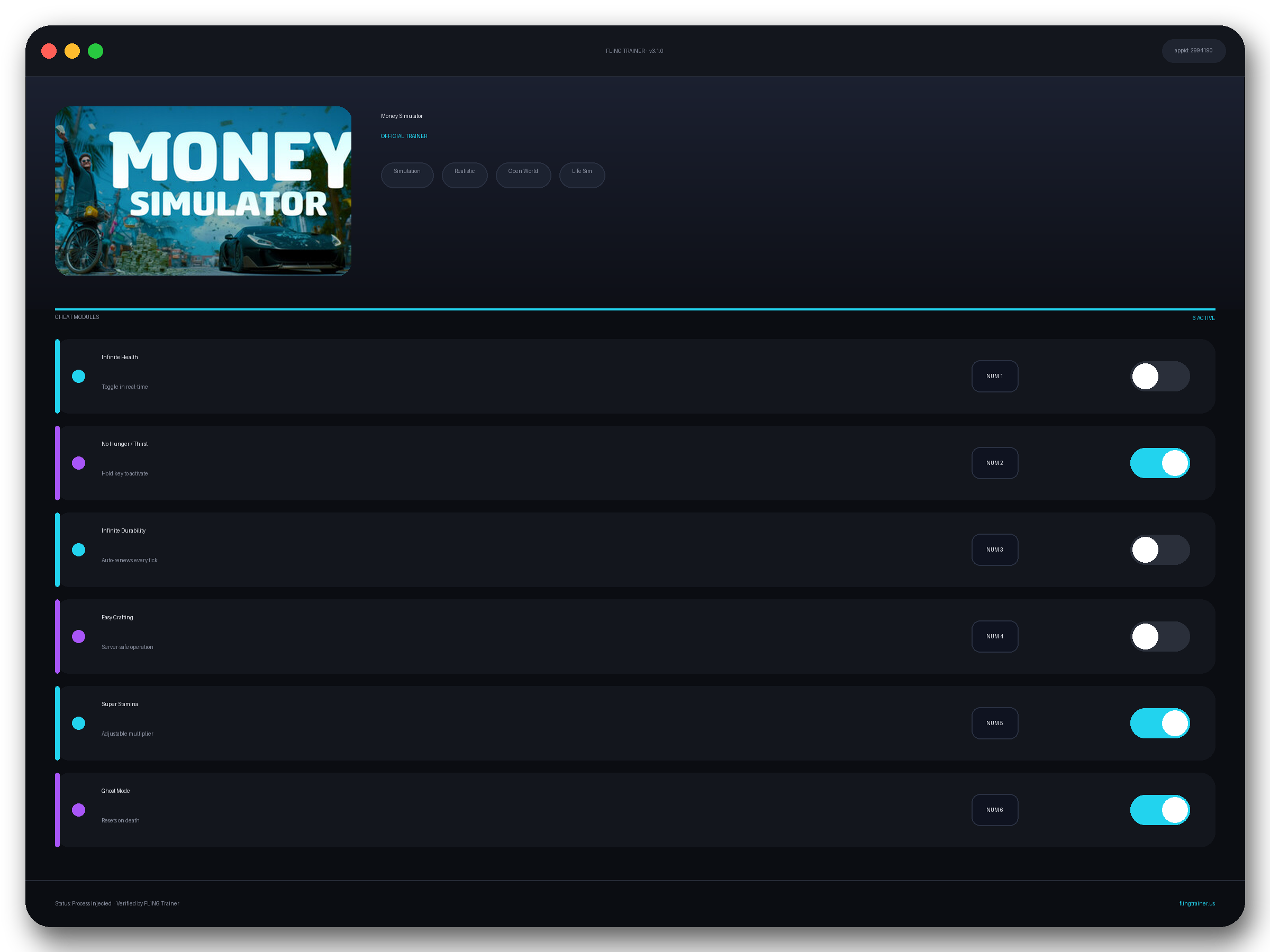Money Simulator Trainer interface