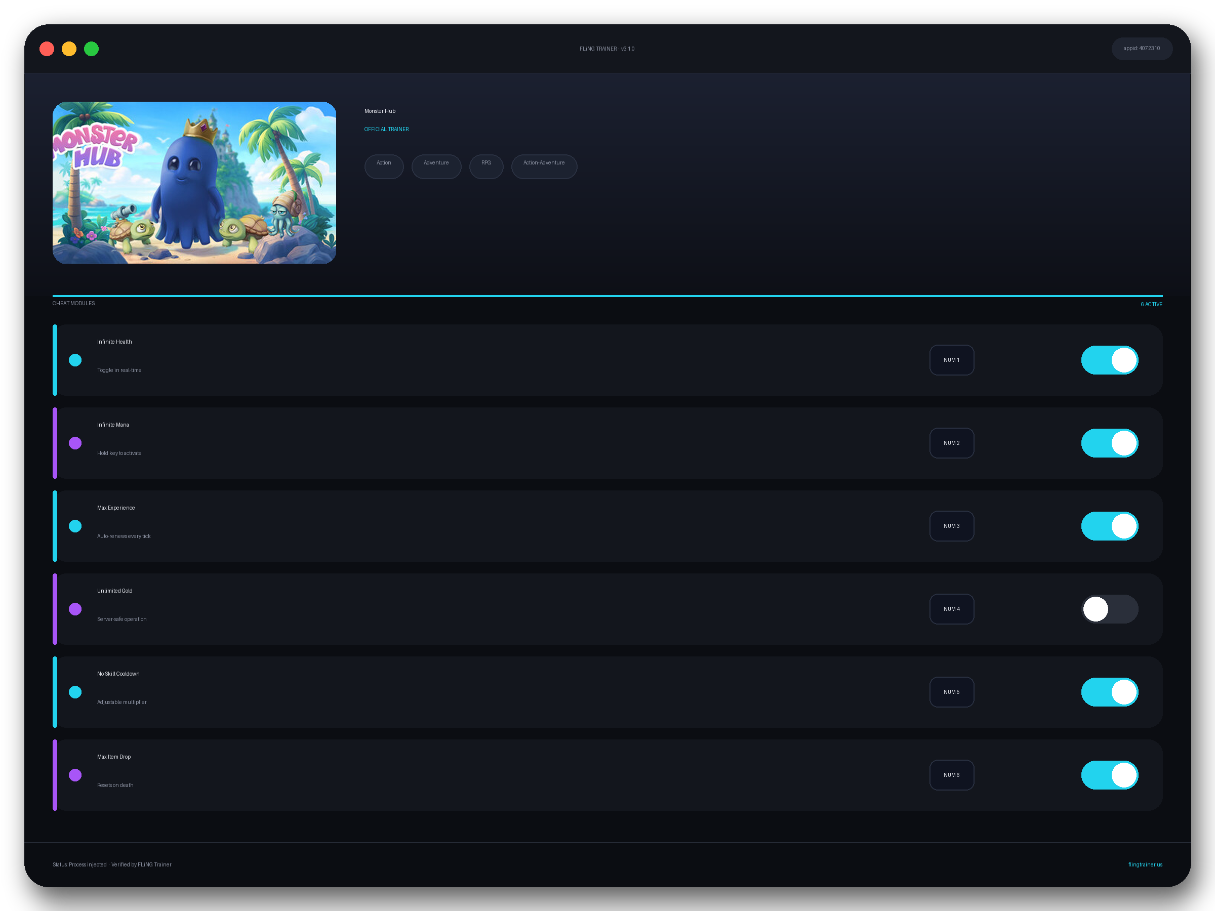 Monster Hub Trainer interface
