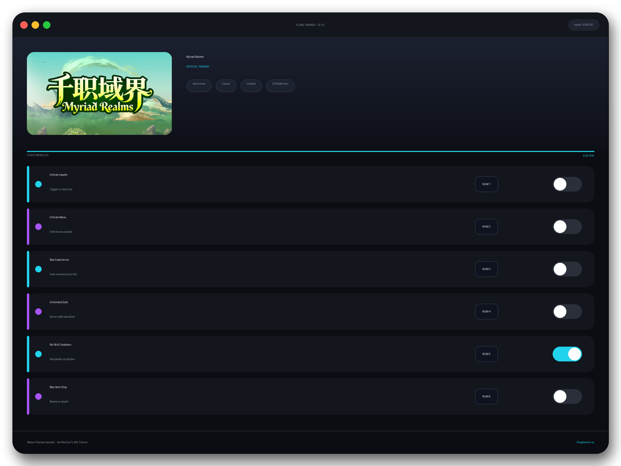 Myriad Realms Trainer interface