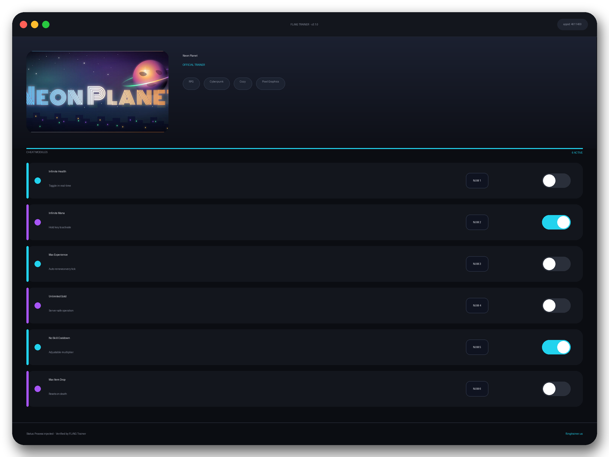Neon Planet Trainer interface