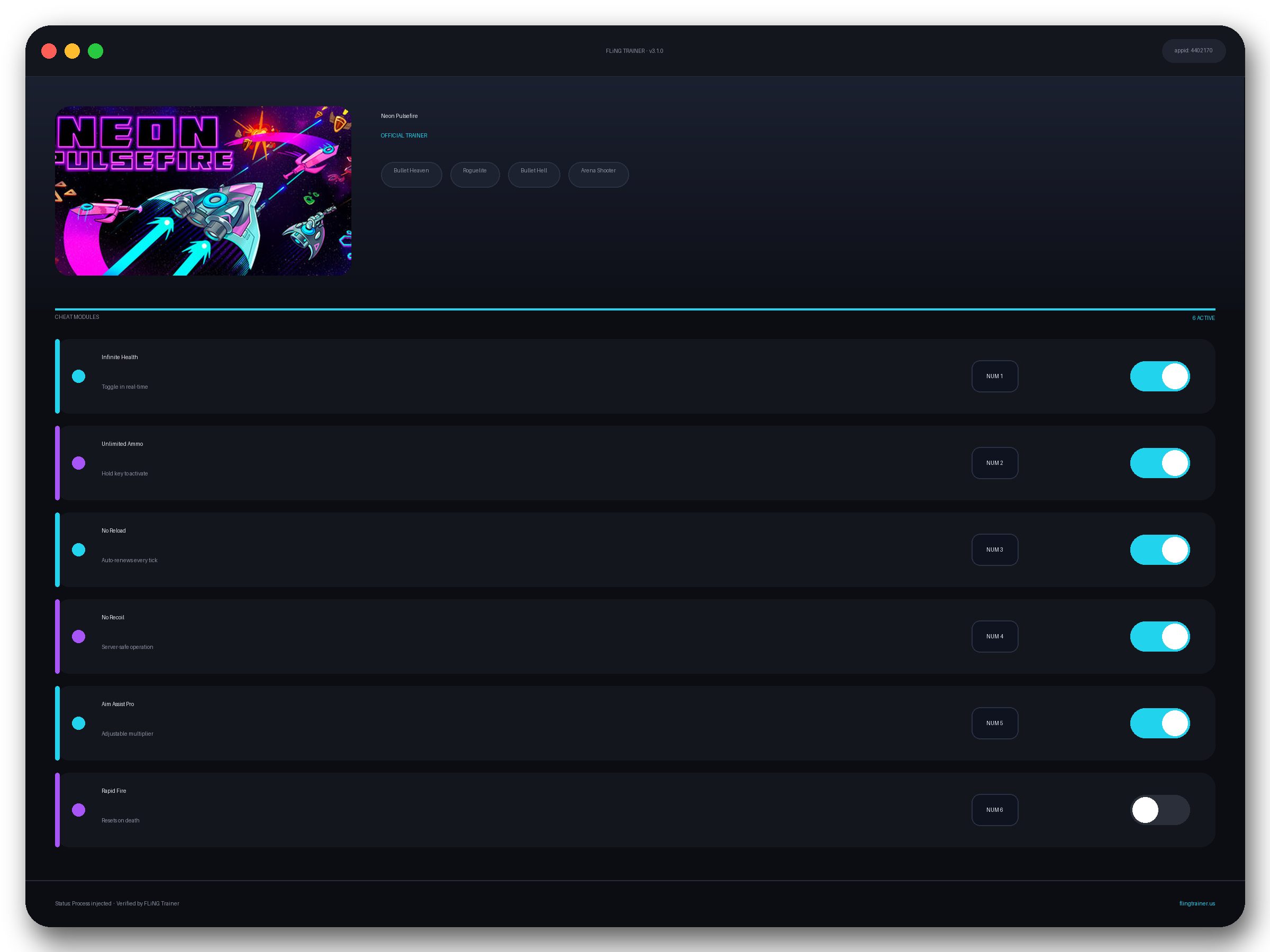 Neon Pulsefire Trainer interface
