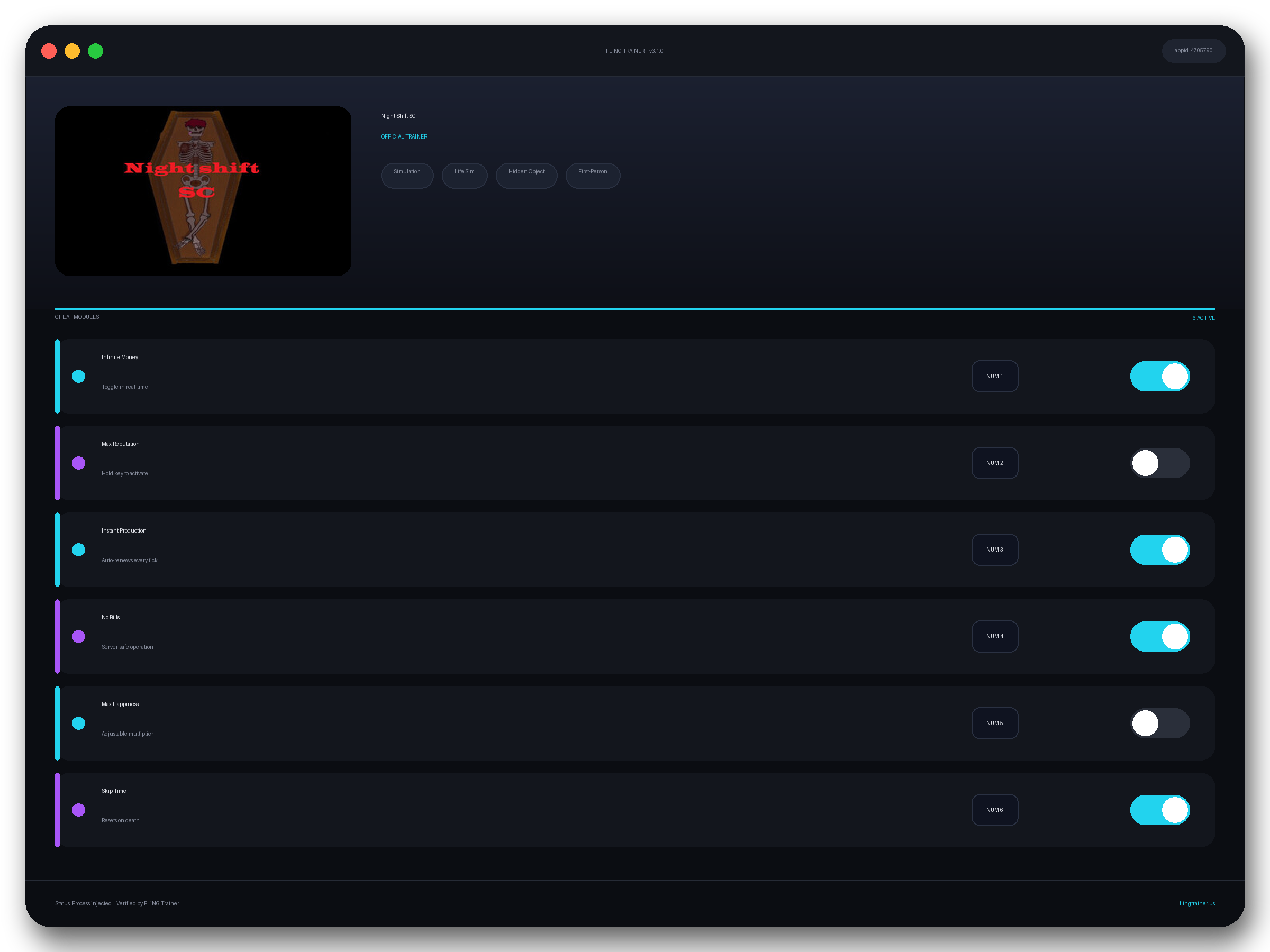 Night Shift SC Trainer interface