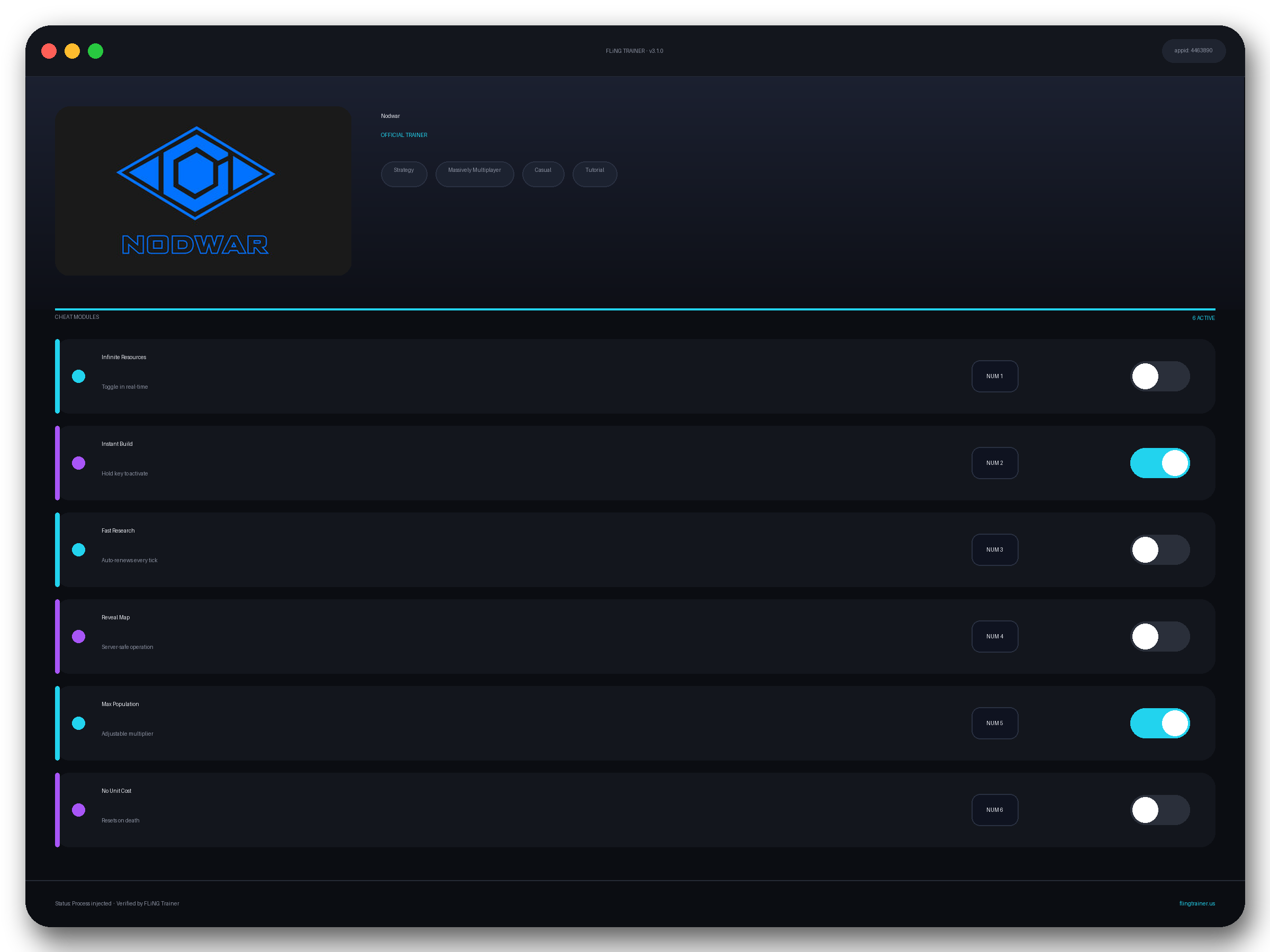 Nodwar Trainer interface