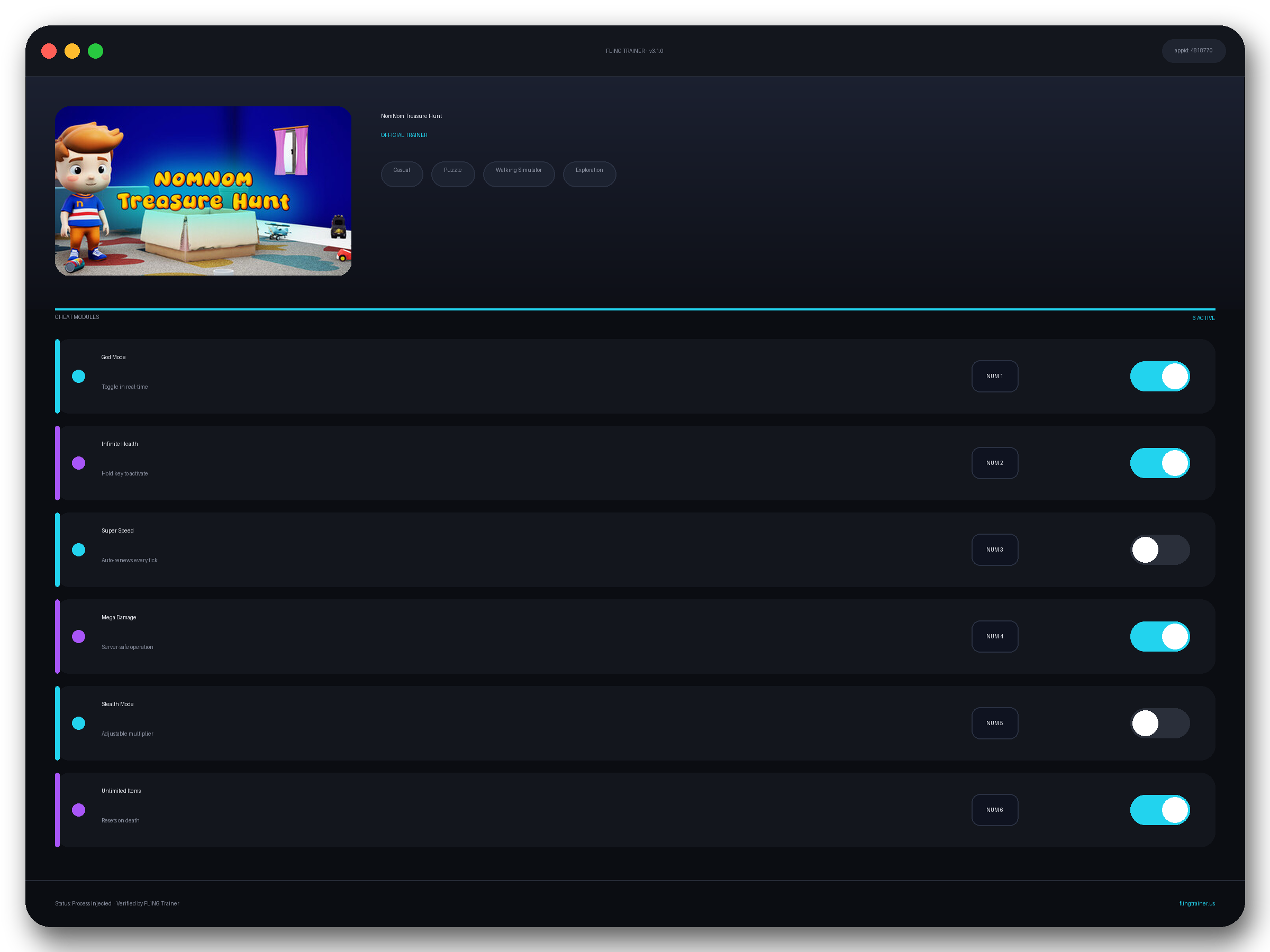 NomNom Treasure Hunt Trainer interface