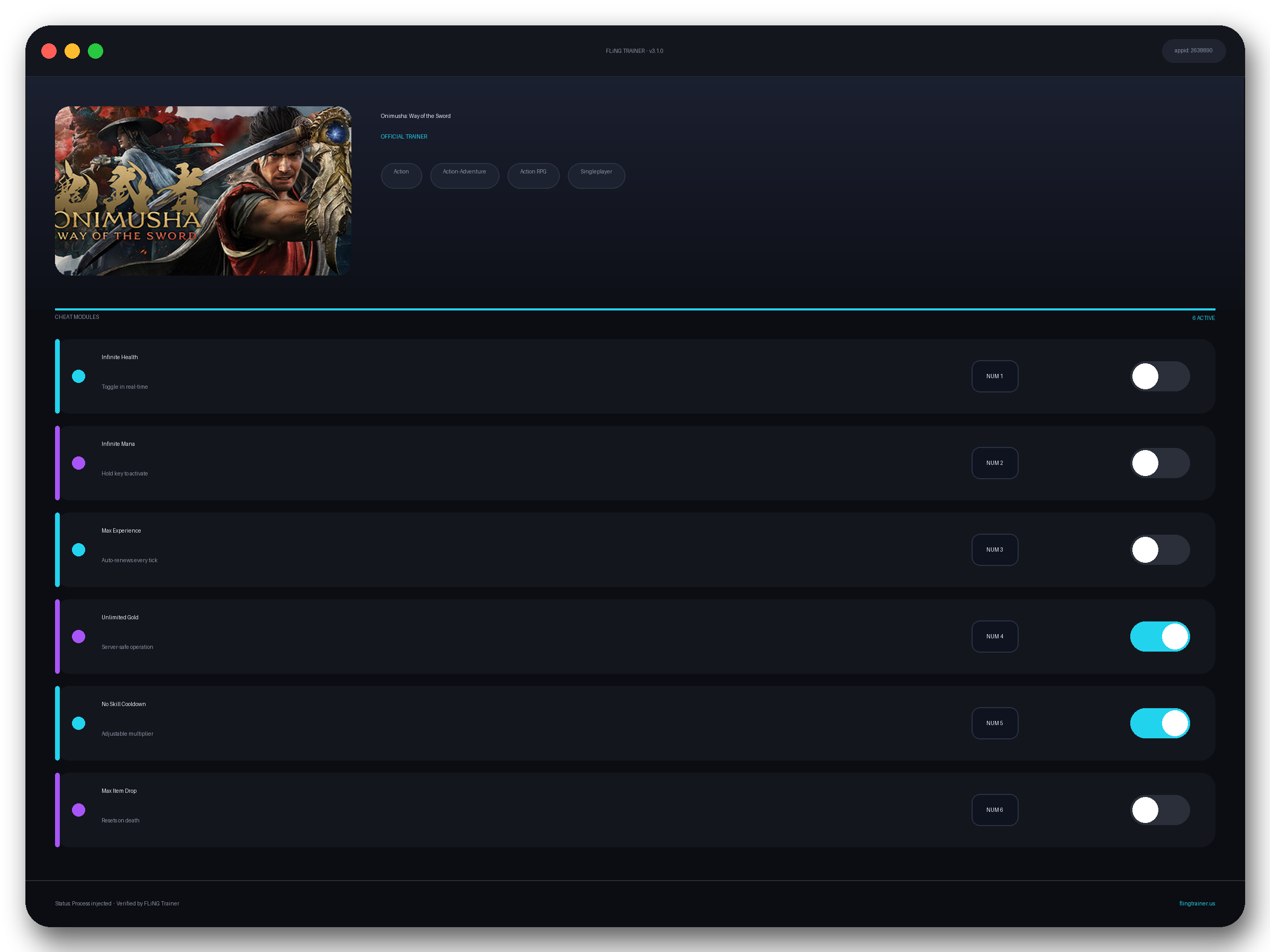Onimusha: Way of the Sword Trainer interface