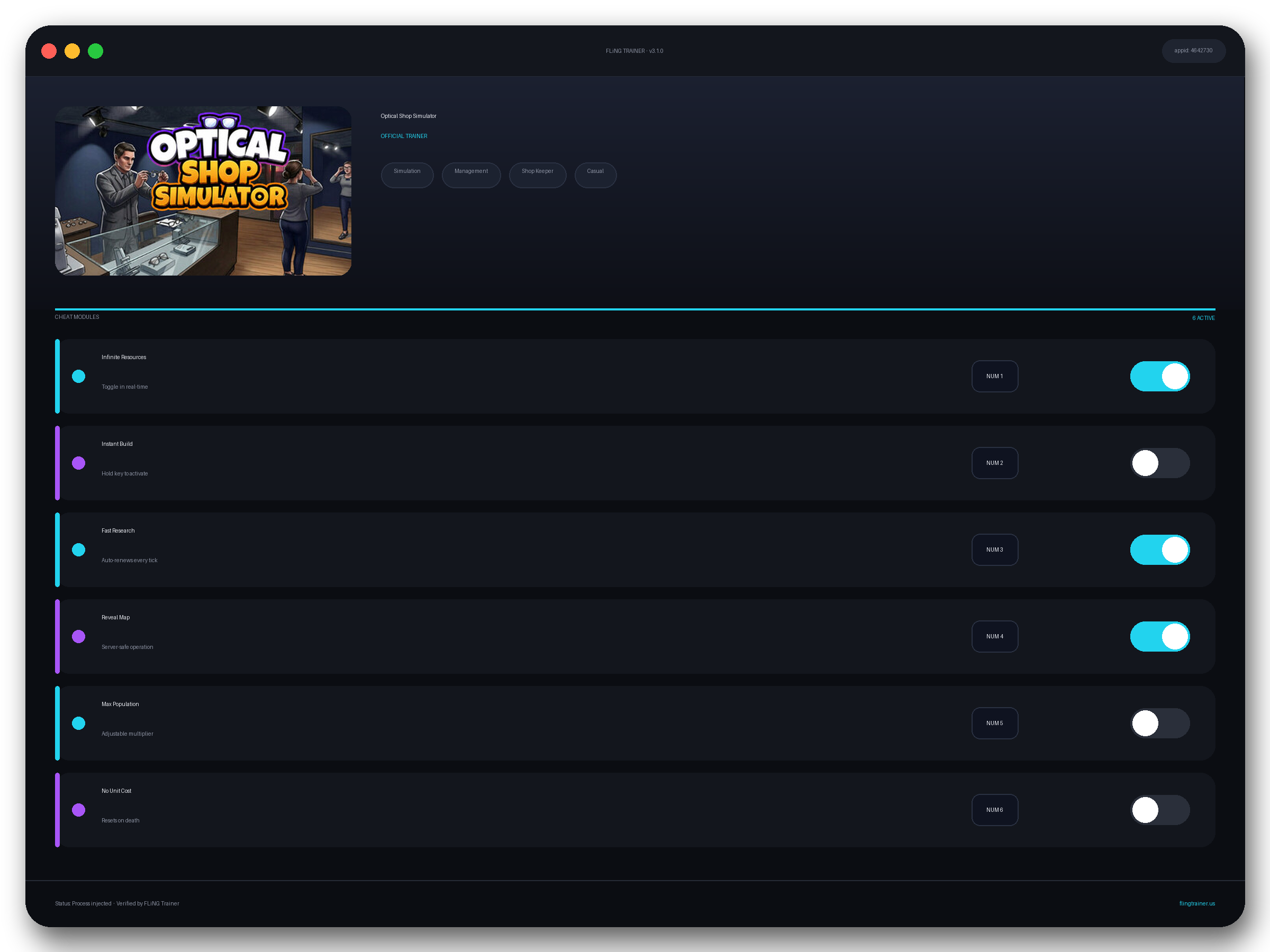 Optical Shop Simulator Trainer interface