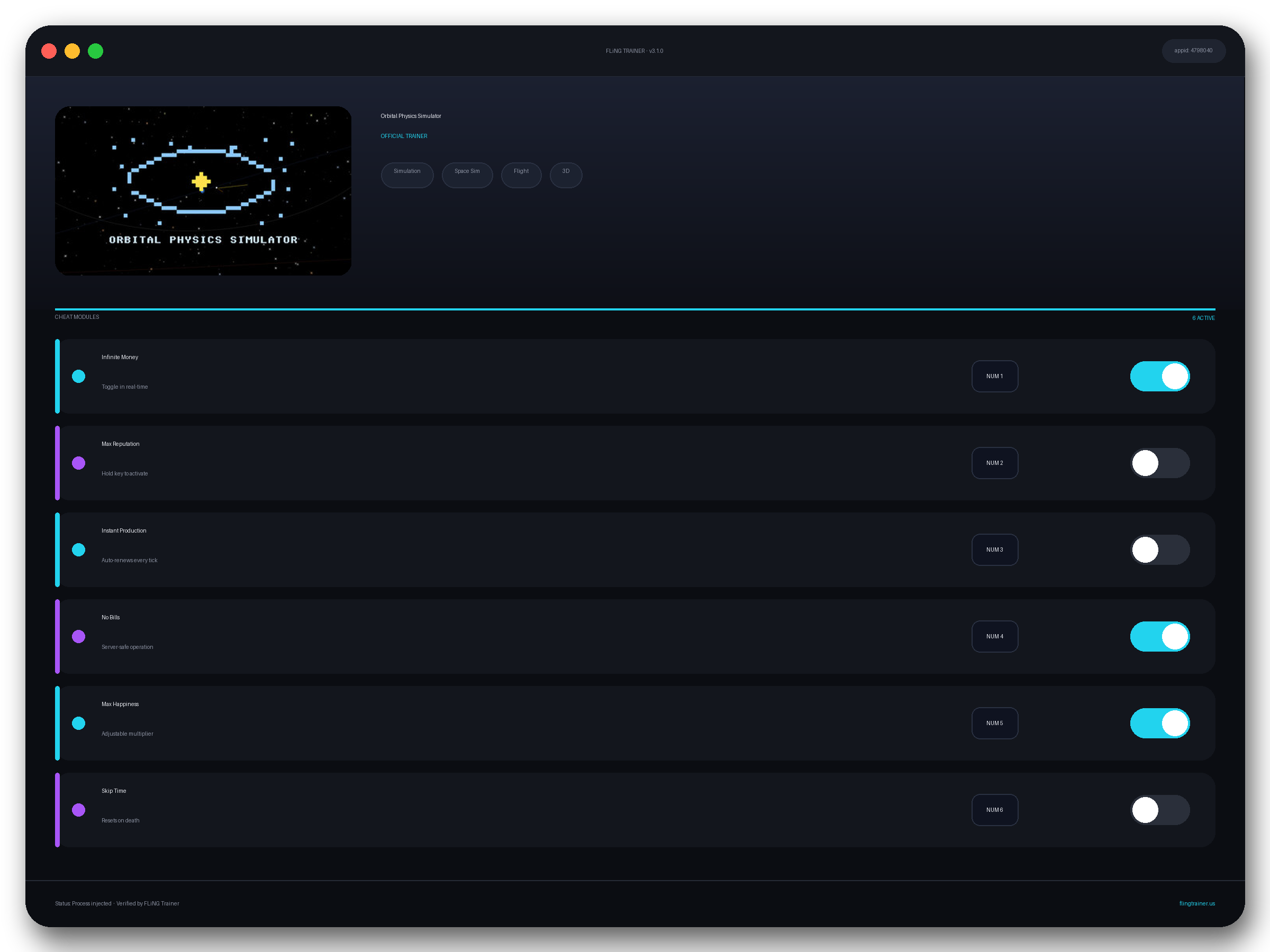Orbital Physics Simulator Trainer interface