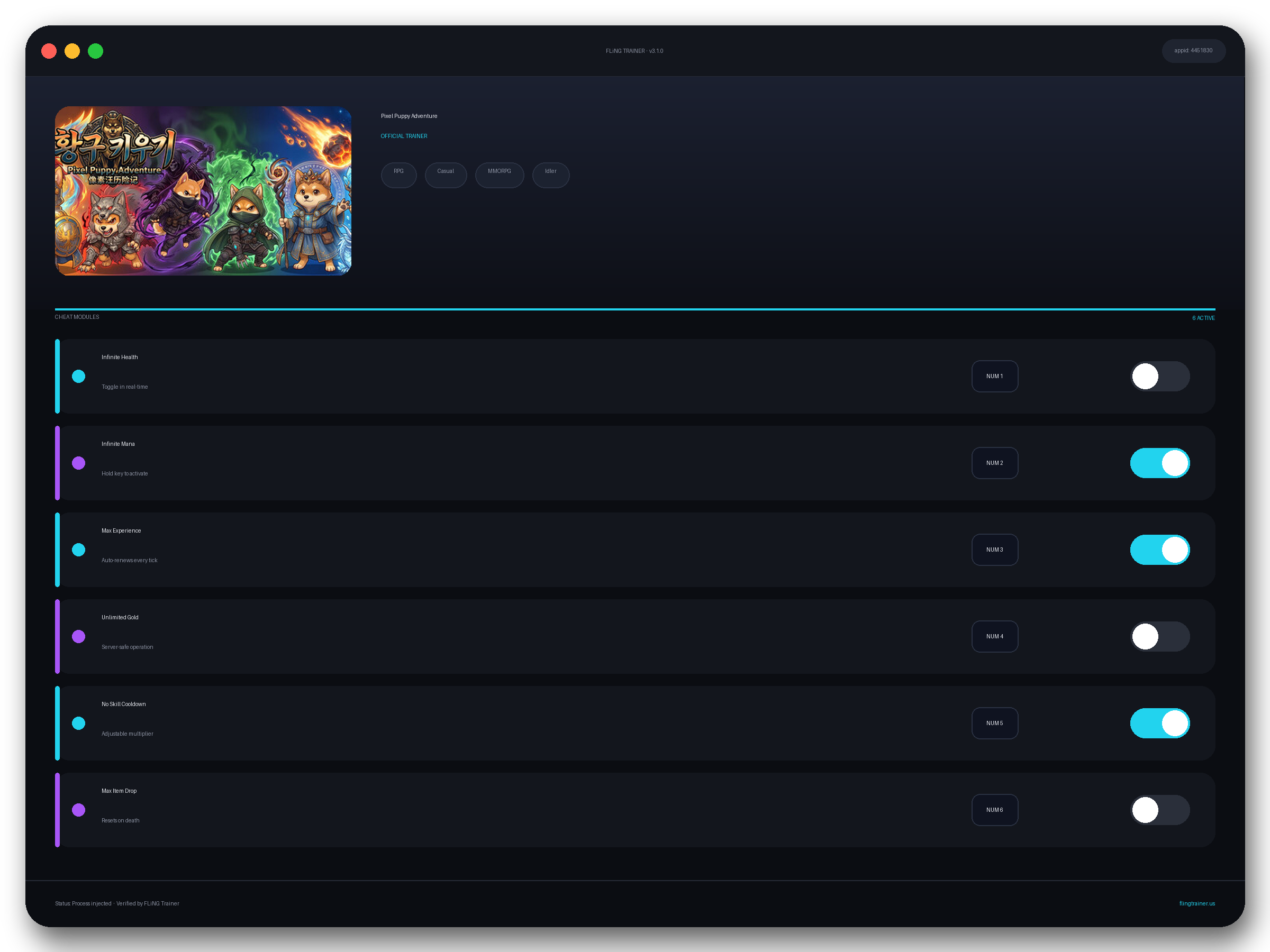 Pixel Puppy Adventure Trainer interface
