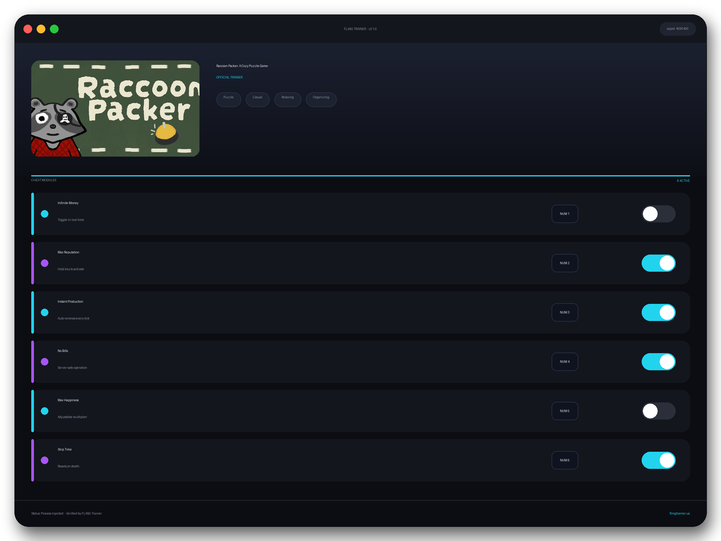 Raccoon Packer: A Cozy Puzzle Game Trainer interface