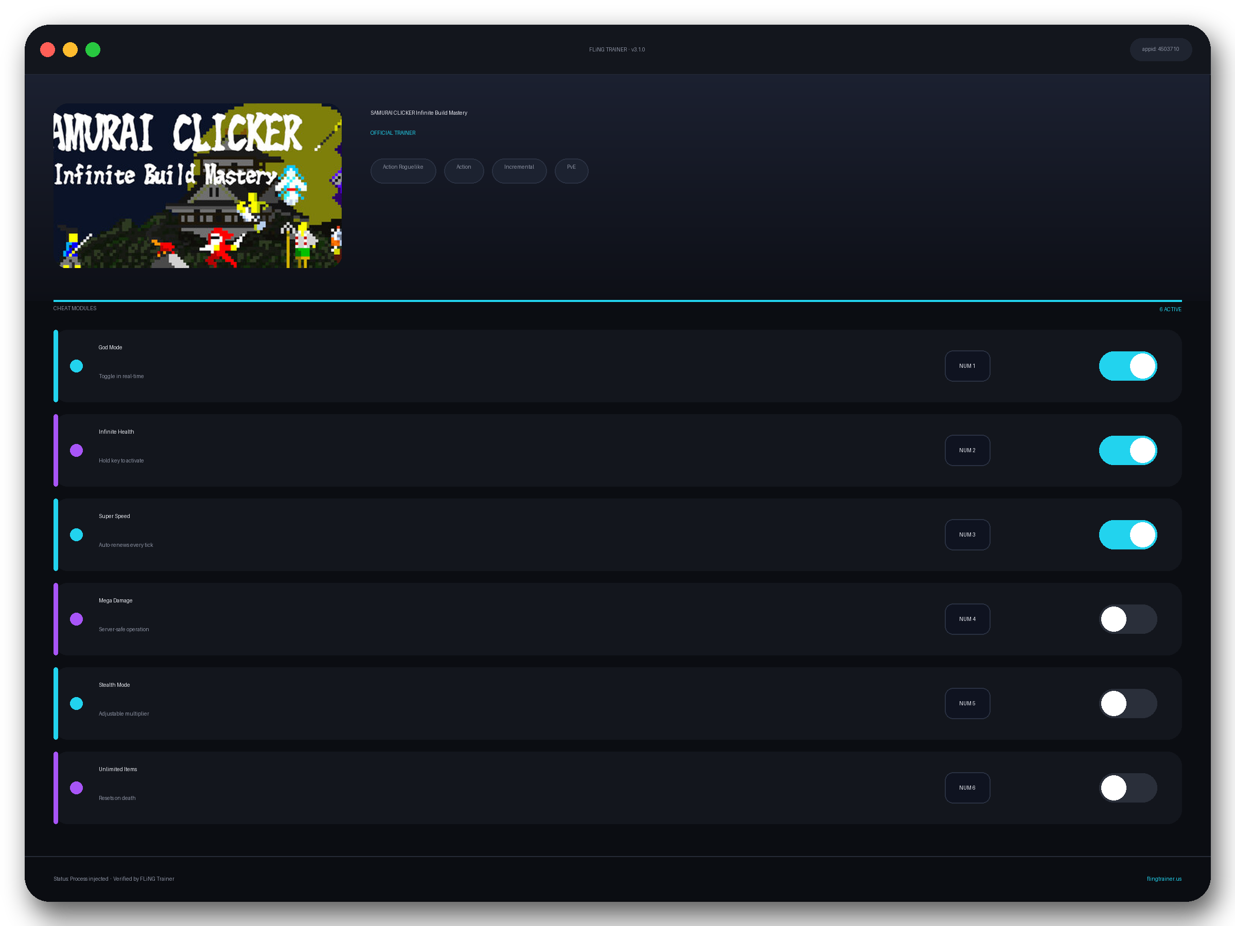 SAMURAI CLICKER Infinite Build Mastery Trainer interface