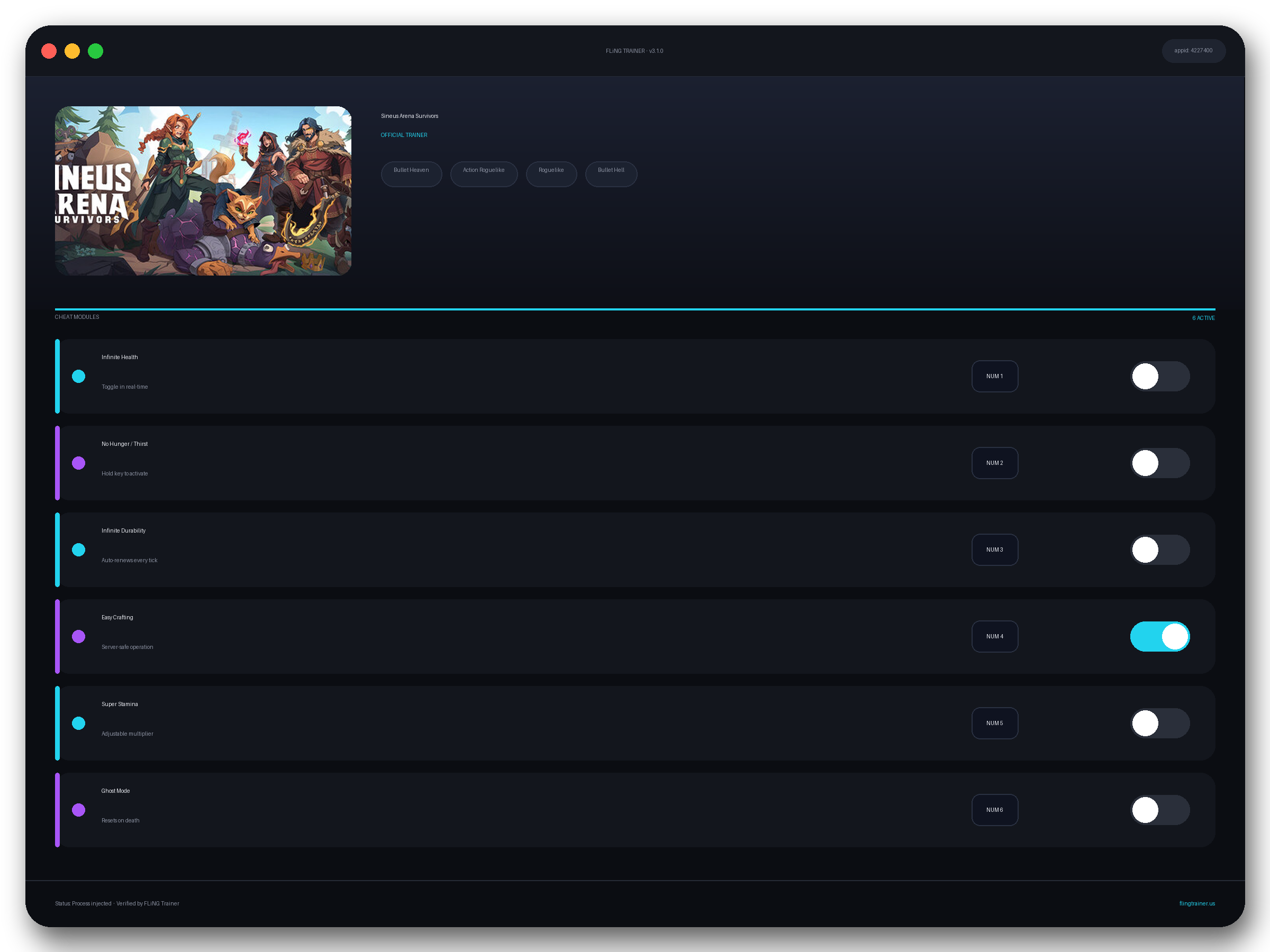 Sineus Arena Survivors Trainer interface