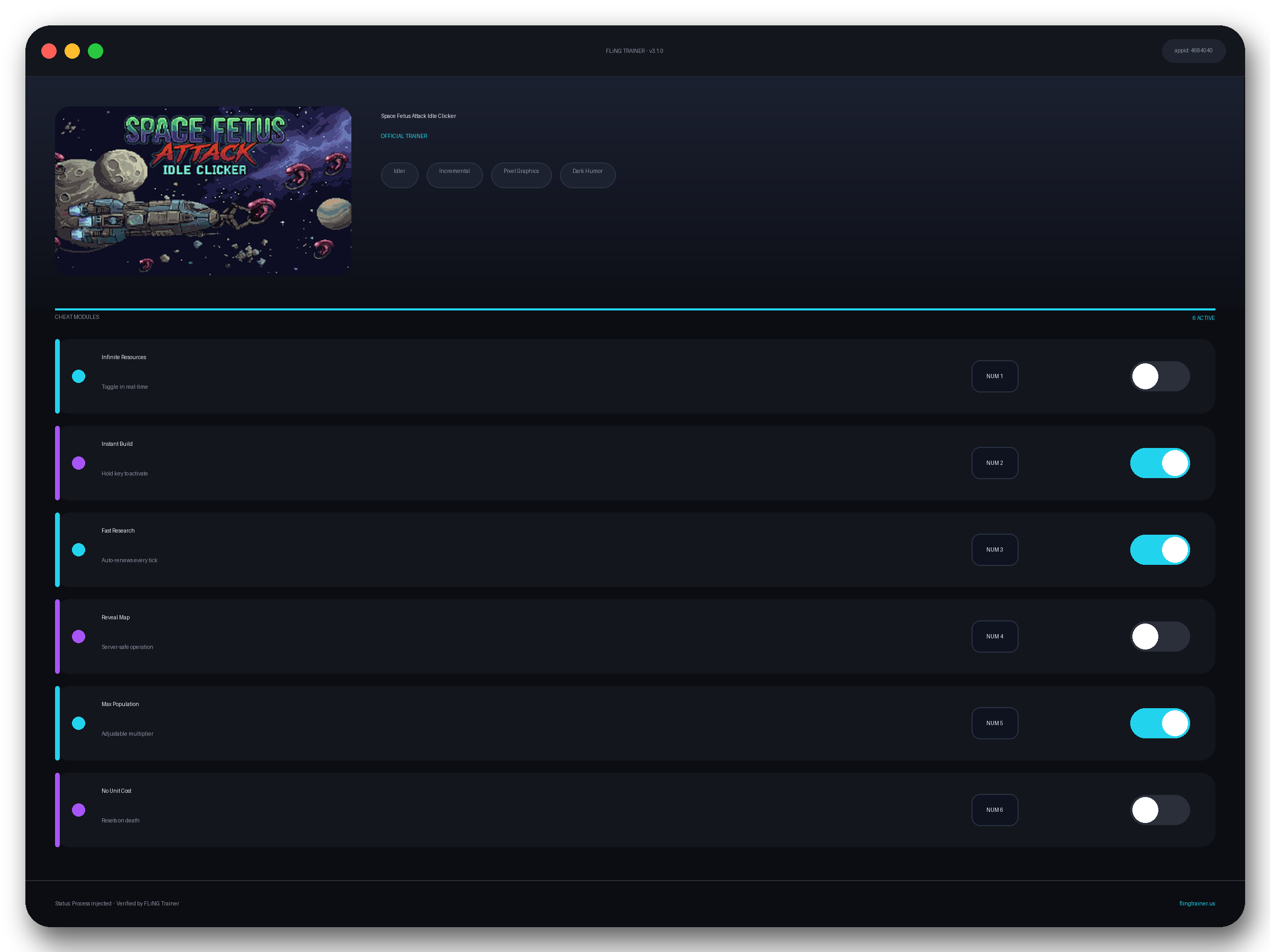 Space Fetus Attack Idle Clicker Trainer interface