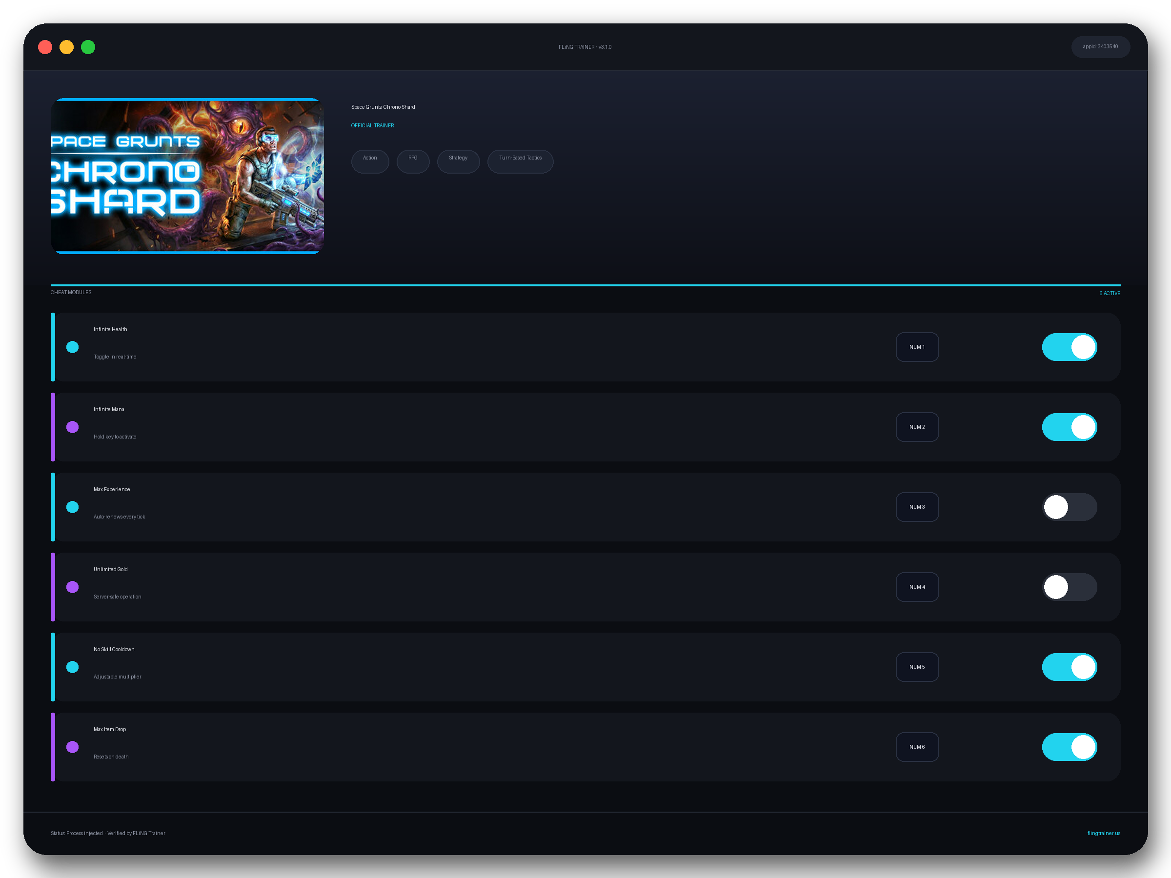 Space Grunts: Chrono Shard Trainer interface