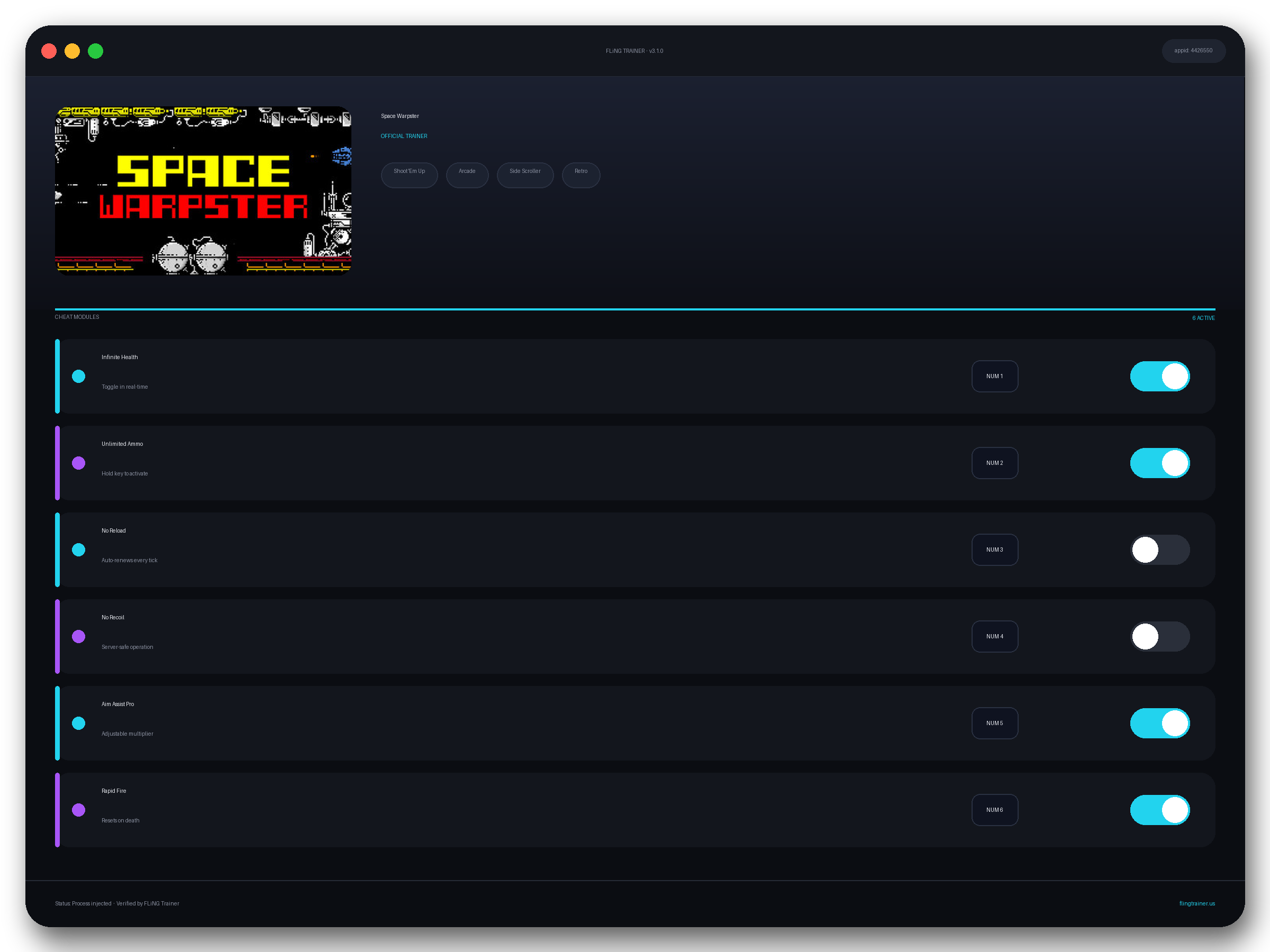 Space Warpster Trainer interface