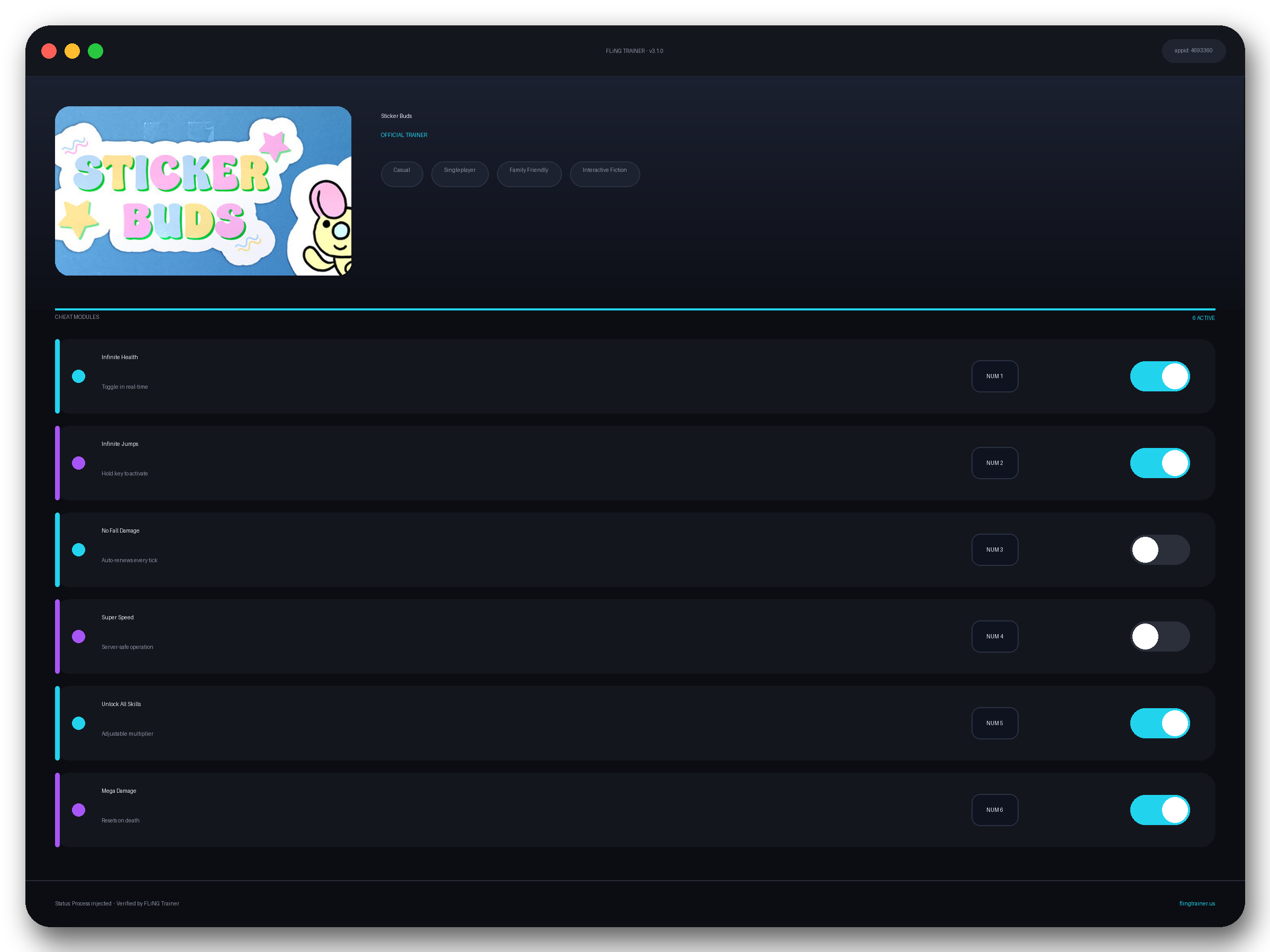Sticker Buds Trainer interface
