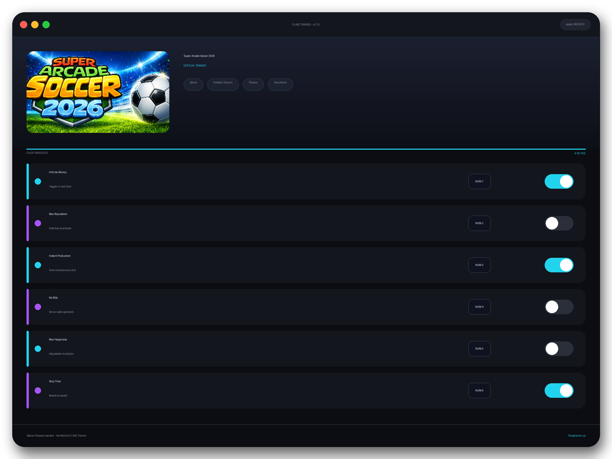 Super Arcade Soccer 2026 Trainer interface