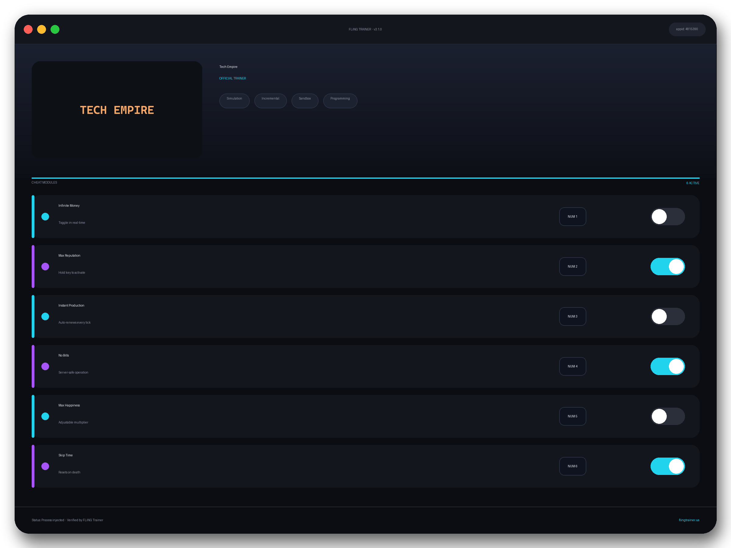 Tech Empire Trainer interface