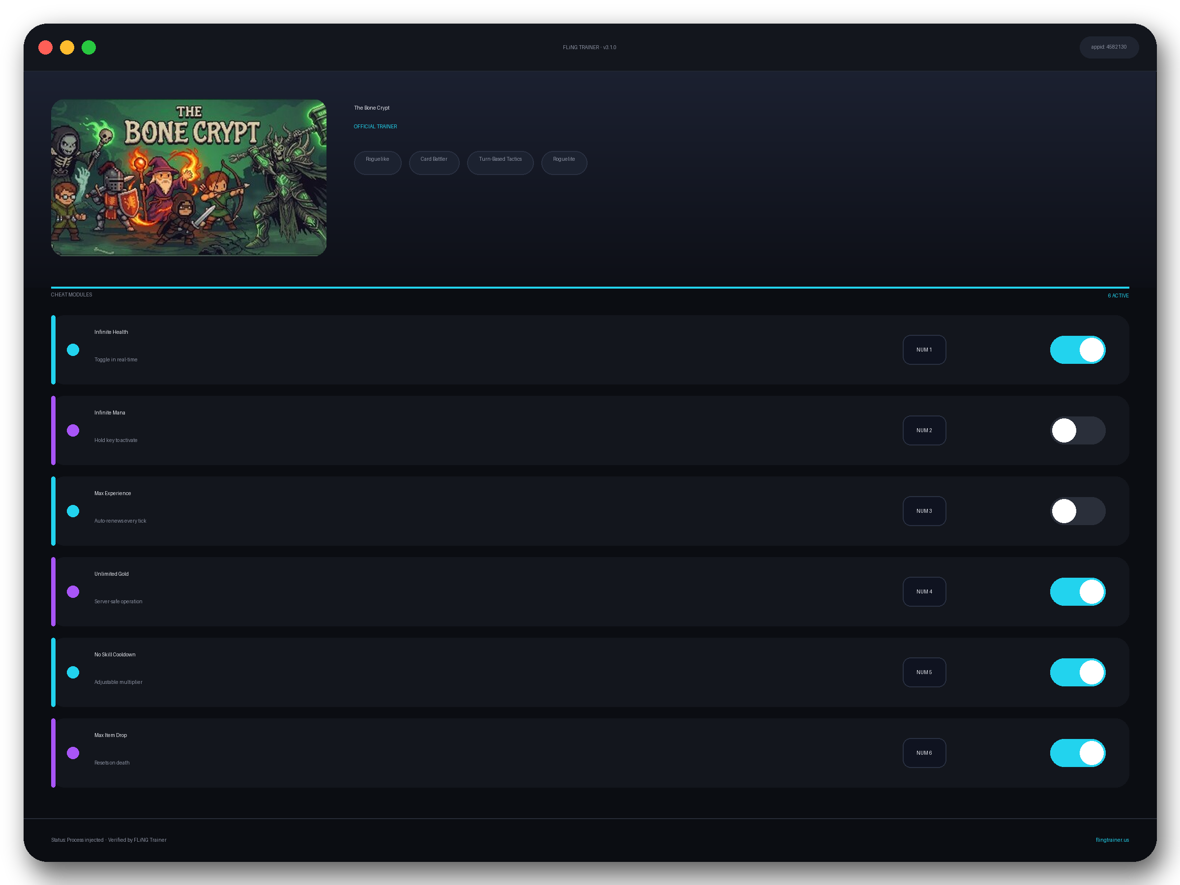 The Bone Crypt Trainer interface