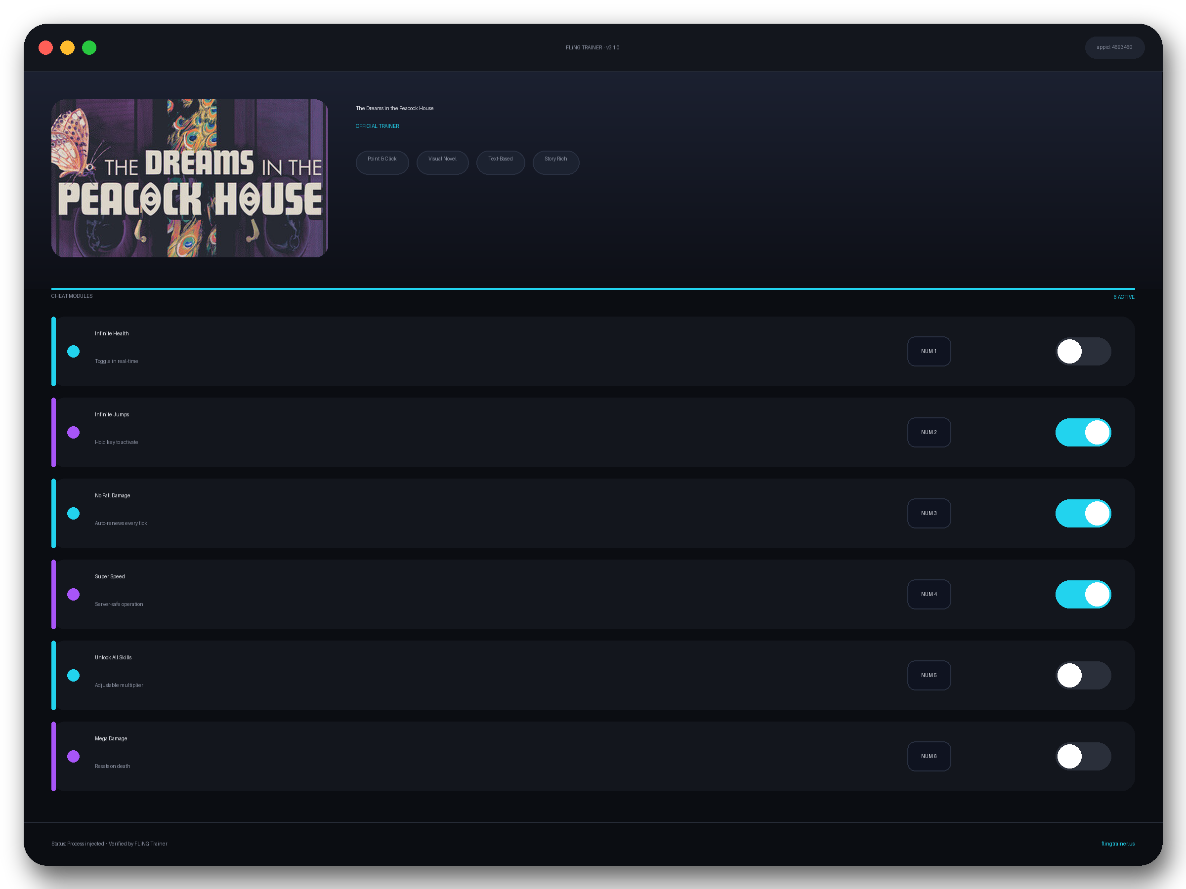 The Dreams in the Peacock House Trainer interface