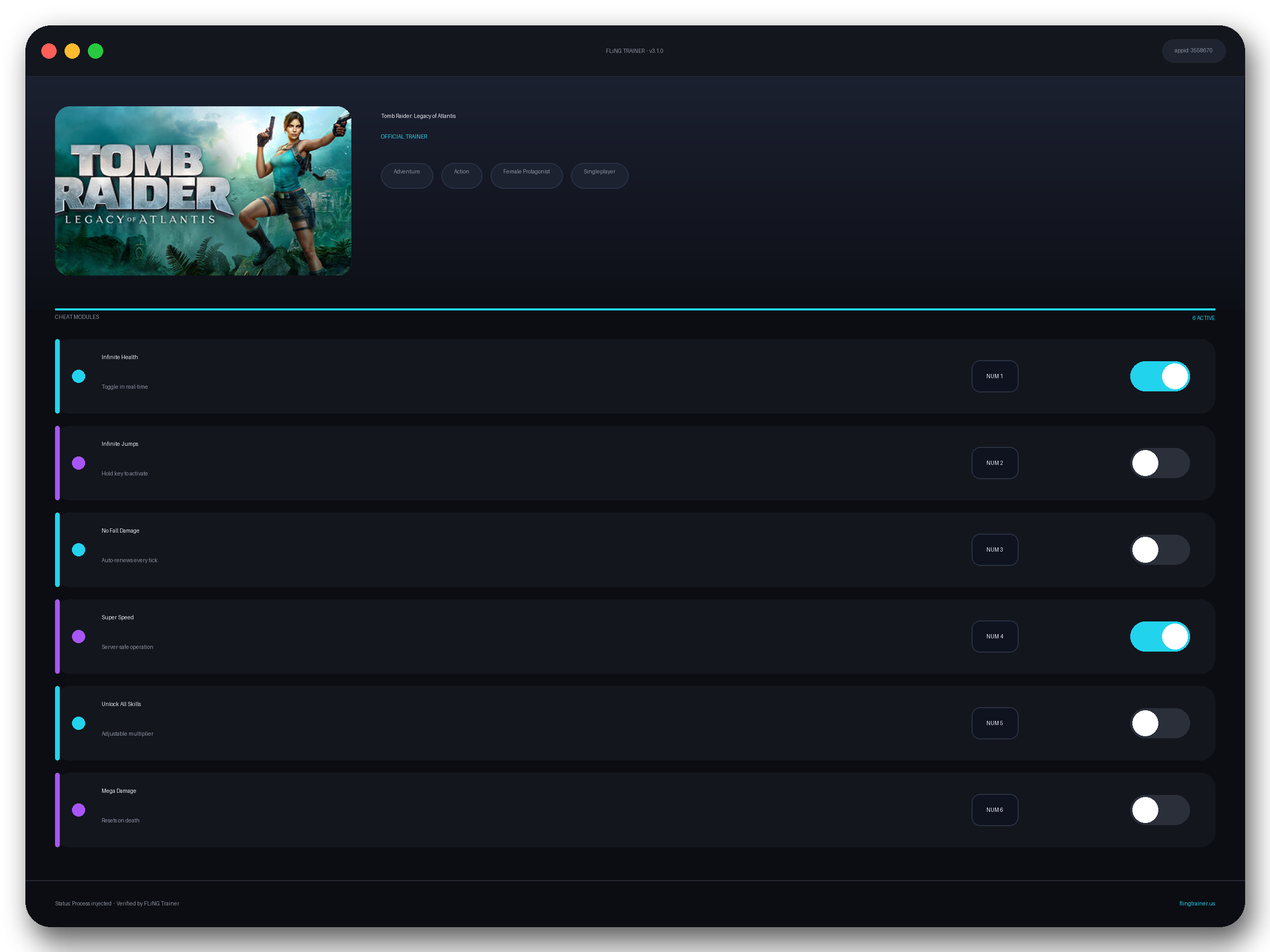Tomb Raider: Legacy of Atlantis Trainer interface