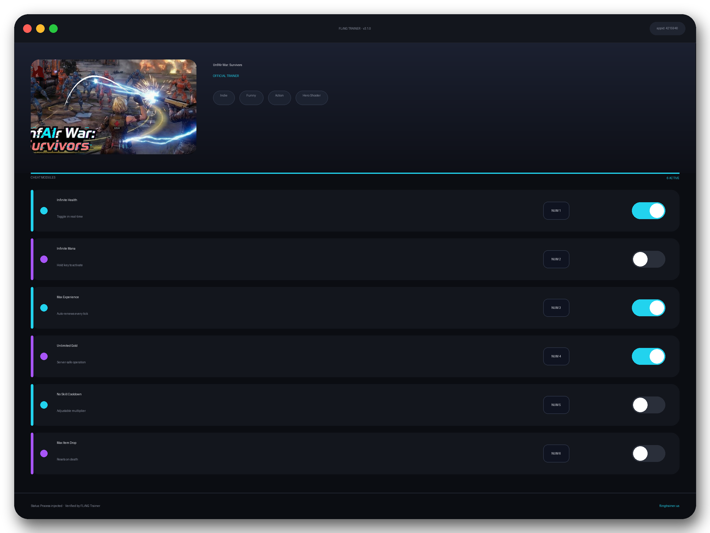 UnfAIr War: Survivors Trainer interface