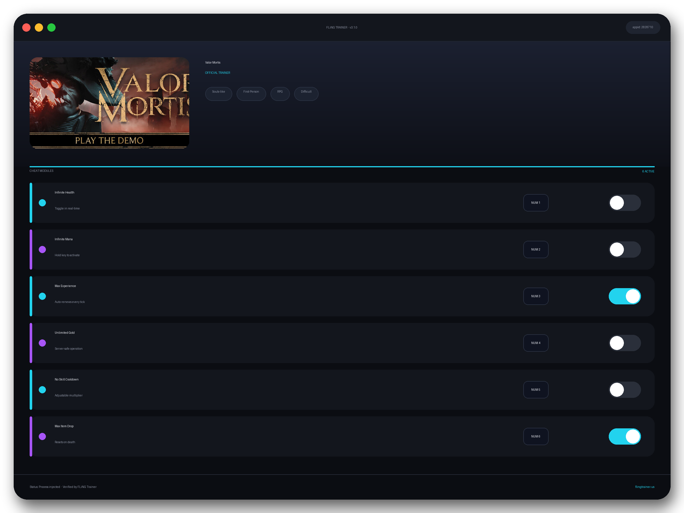 Valor Mortis Trainer interface