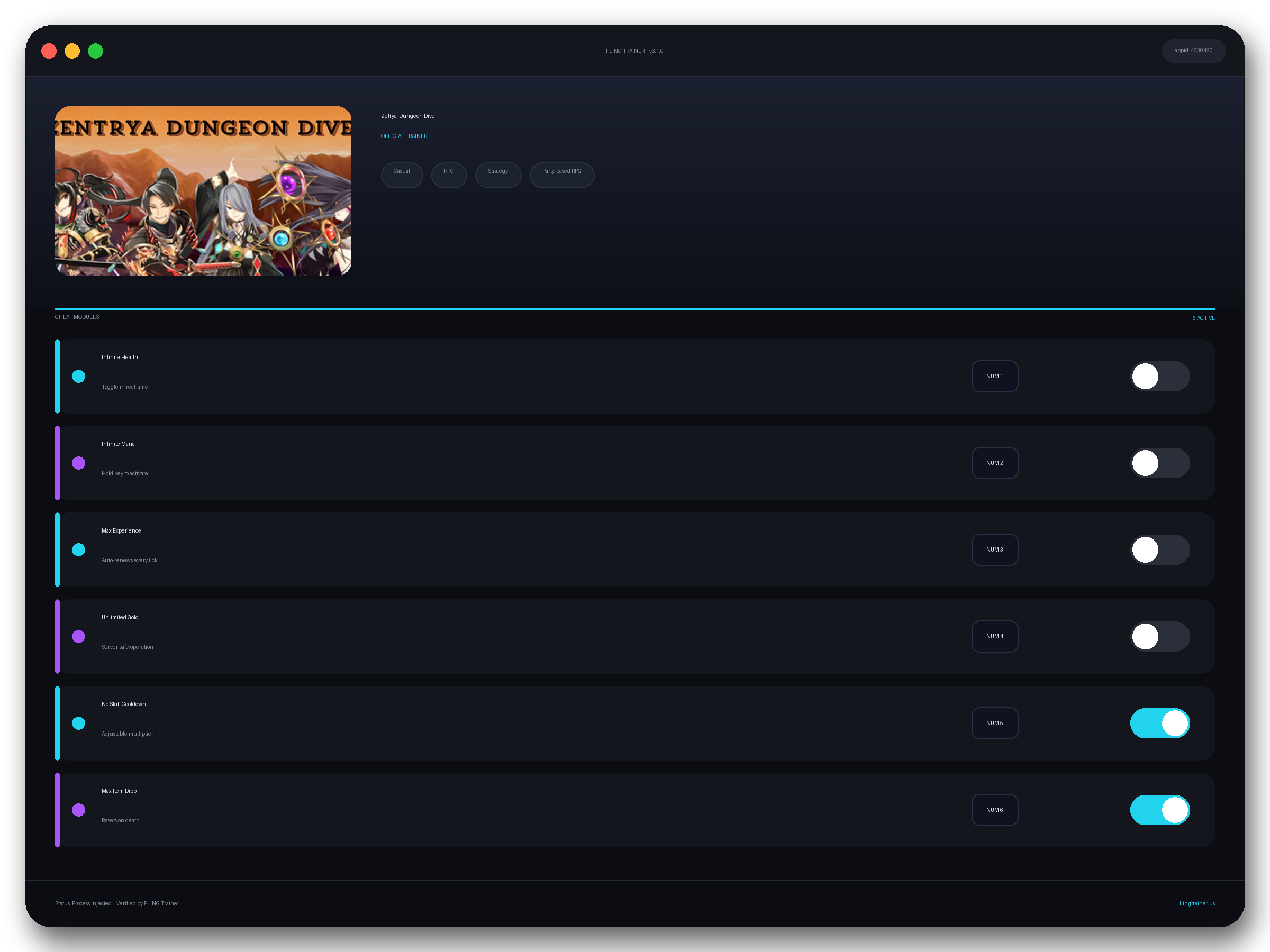 Zetrya: Dungeon Dive Trainer interface