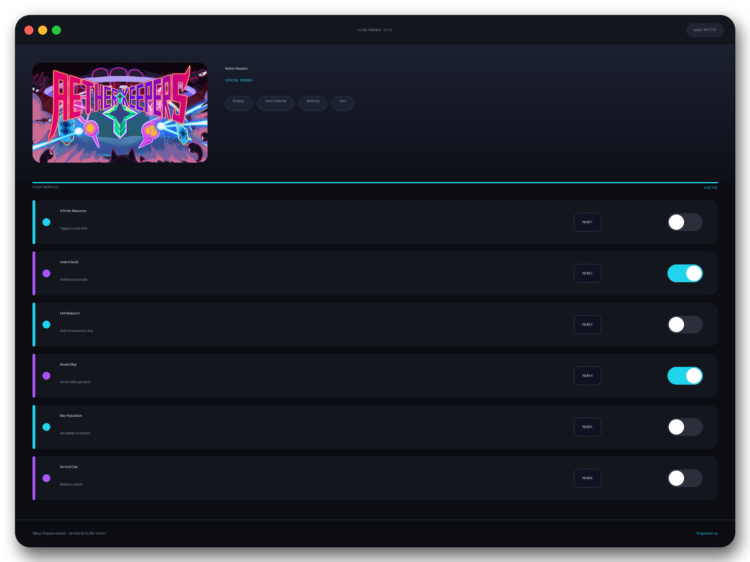 Aether Keepers Trainer interface