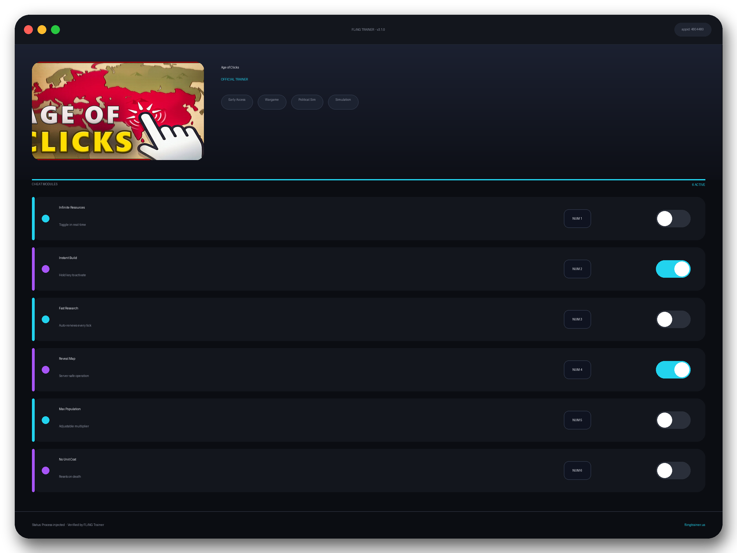 Age of Clicks Trainer interface