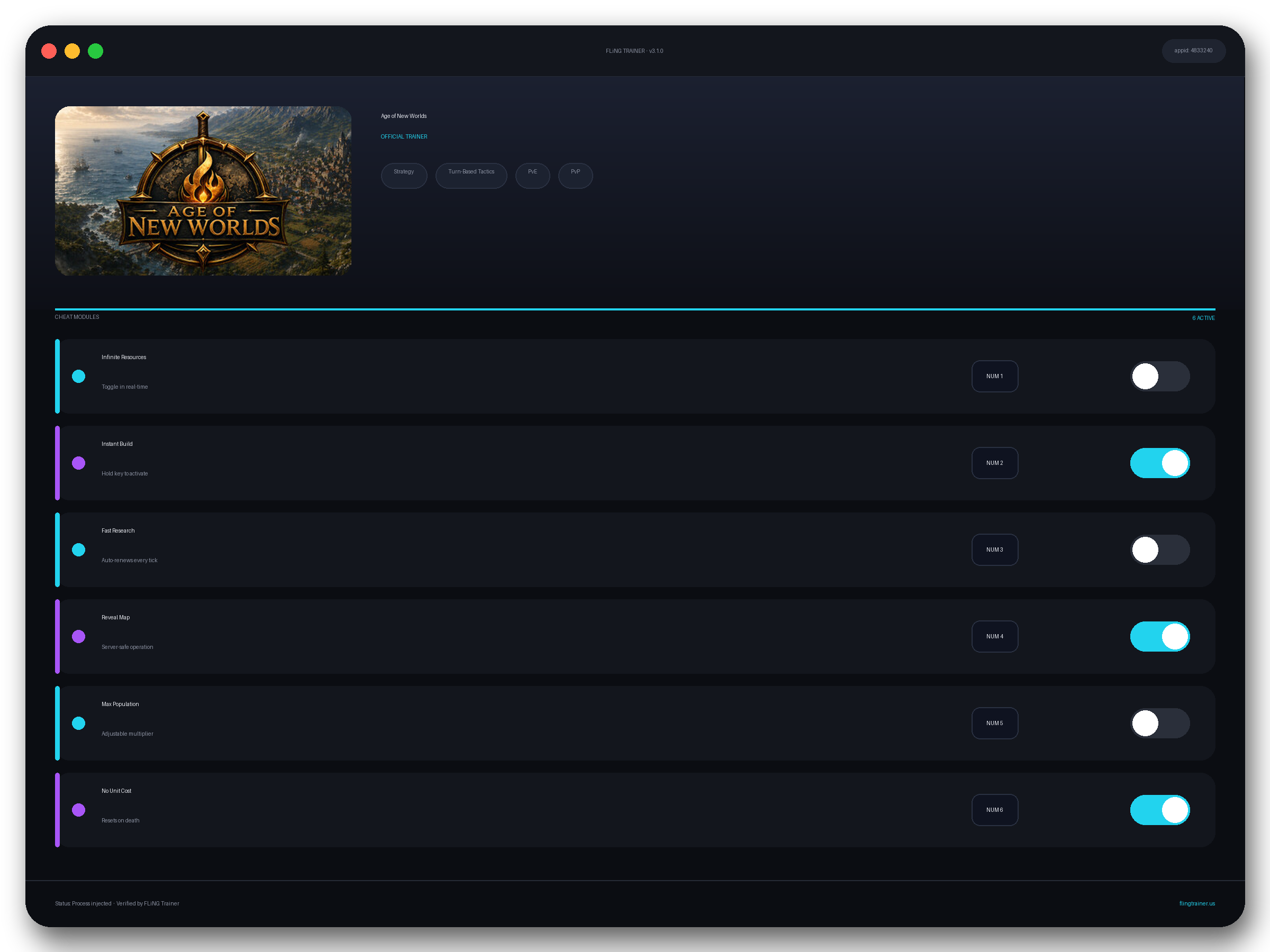 Age of New Worlds Trainer interface