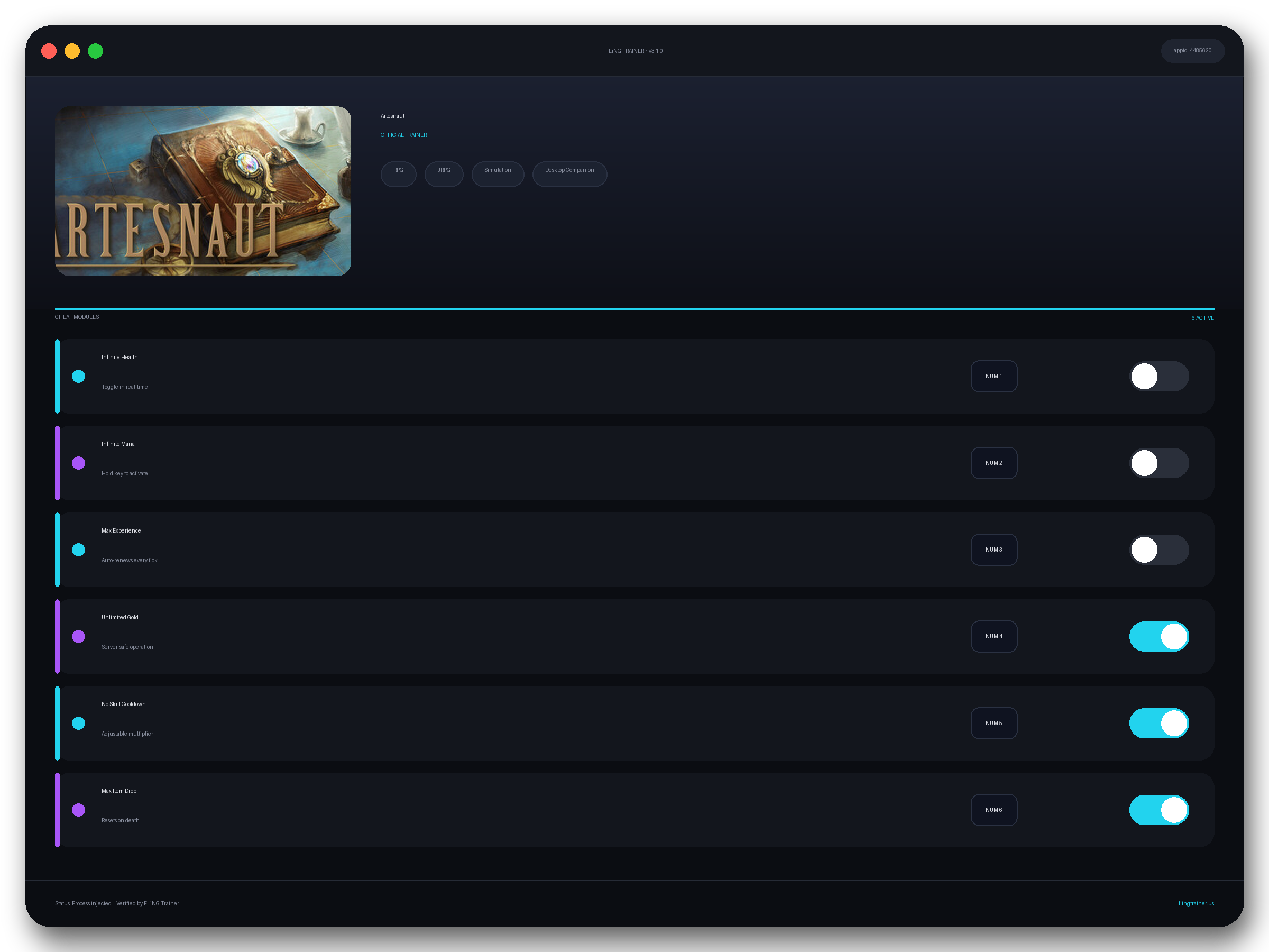 Artesnaut Trainer interface
