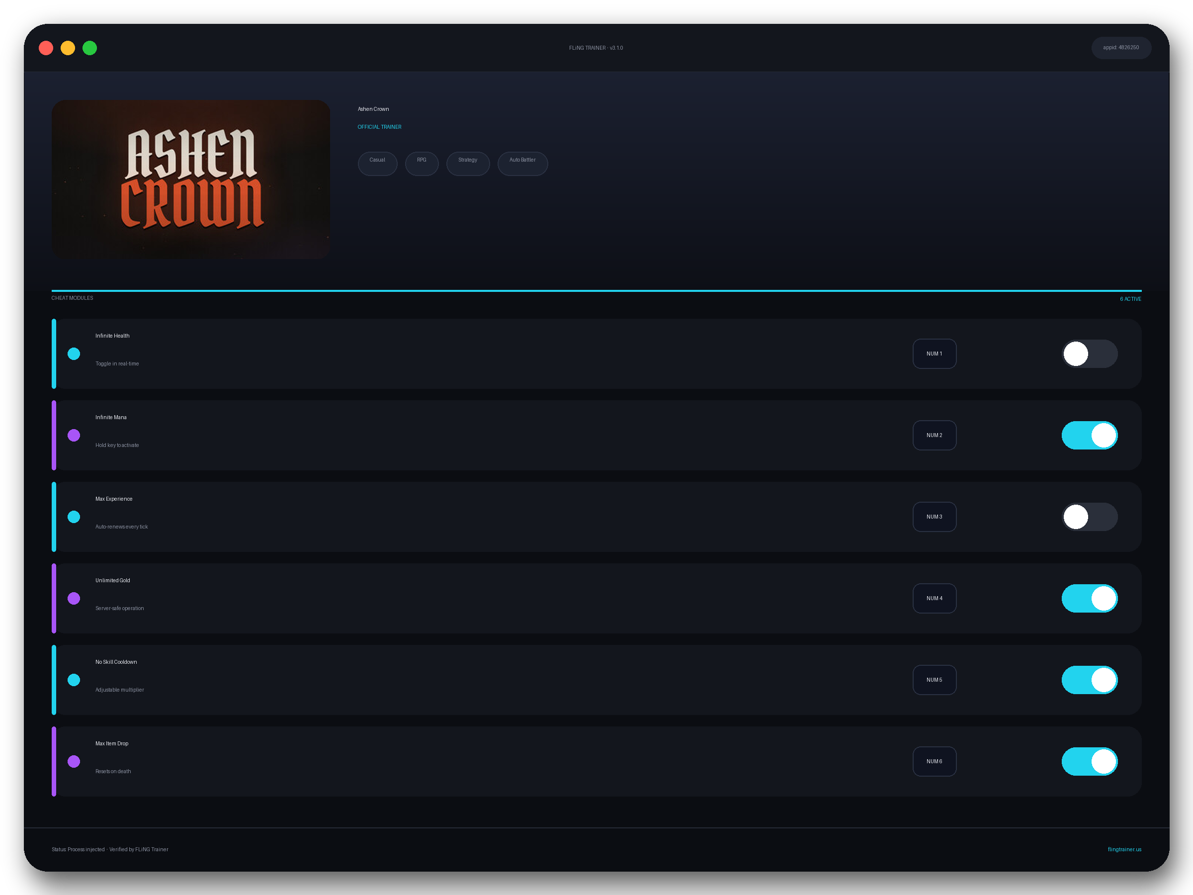 Ashen Crown Trainer interface