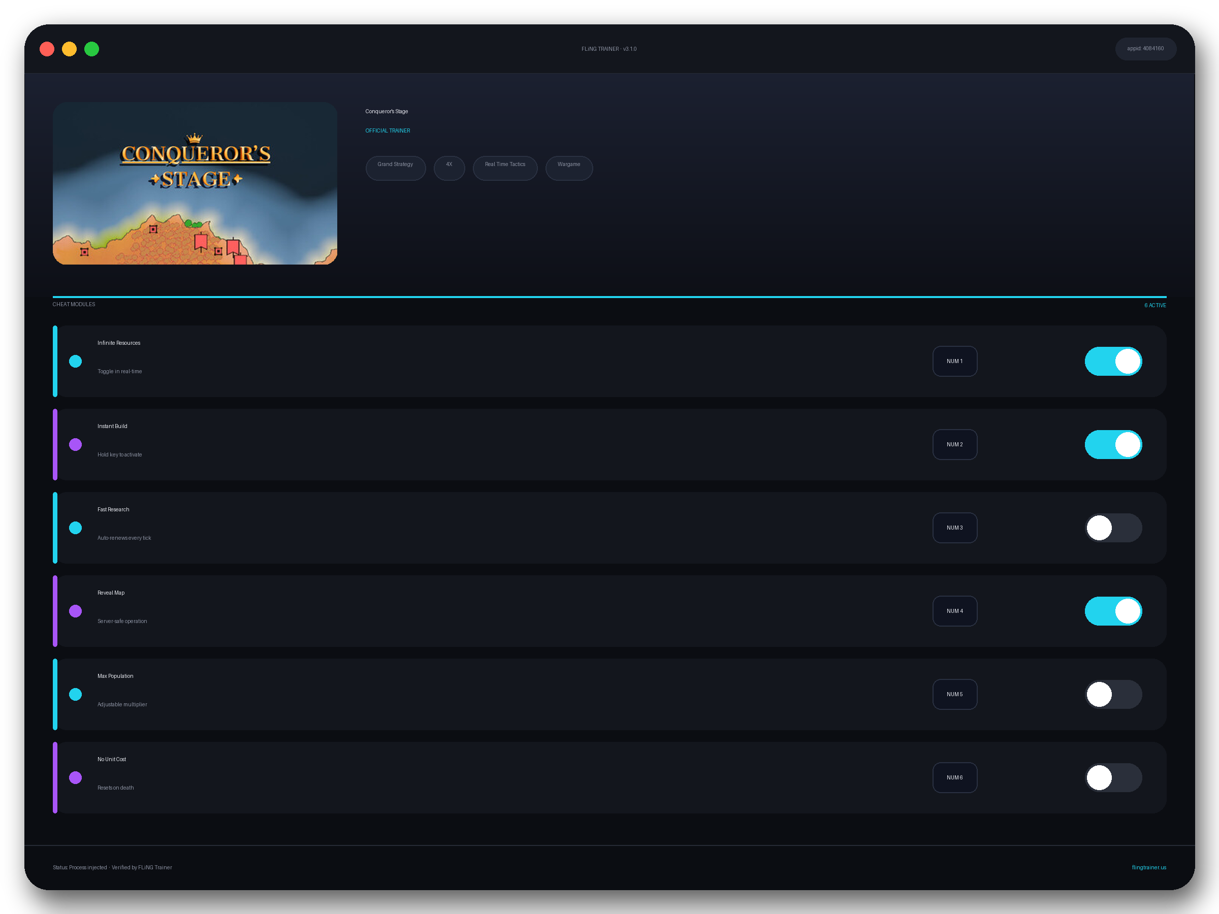 Conqueror's Stage Trainer interface