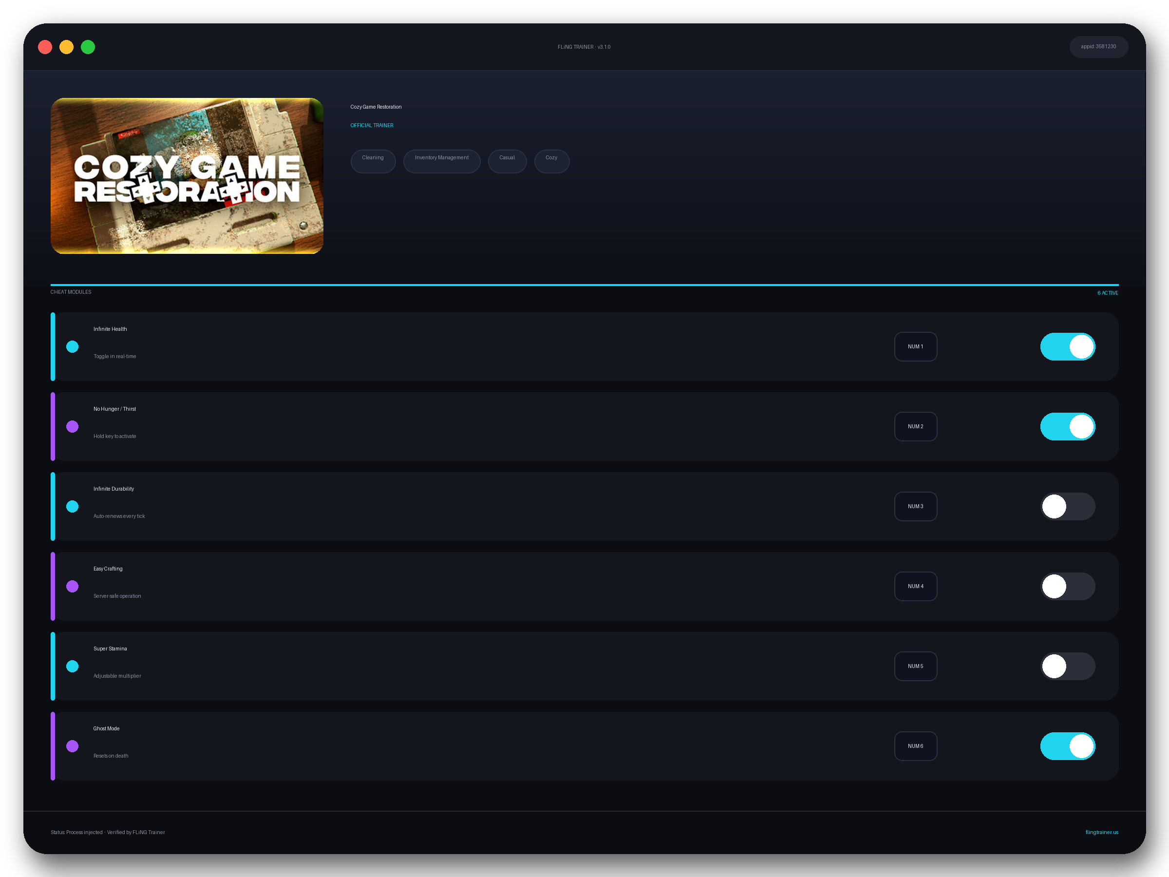 Cozy Game Restoration Trainer interface