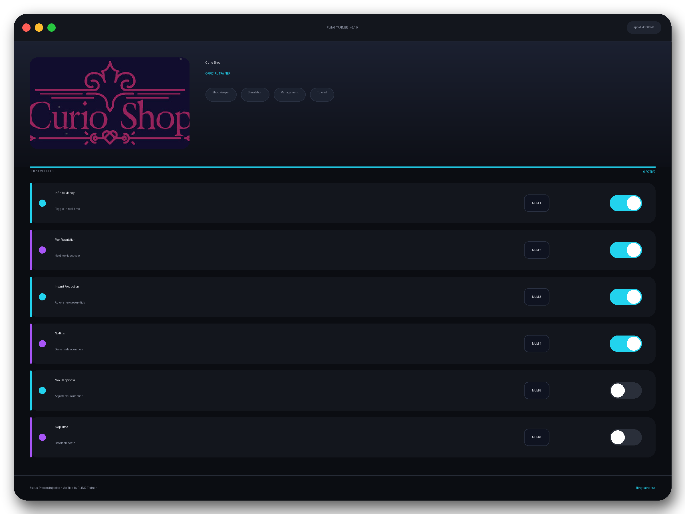 Curio Shop Trainer interface