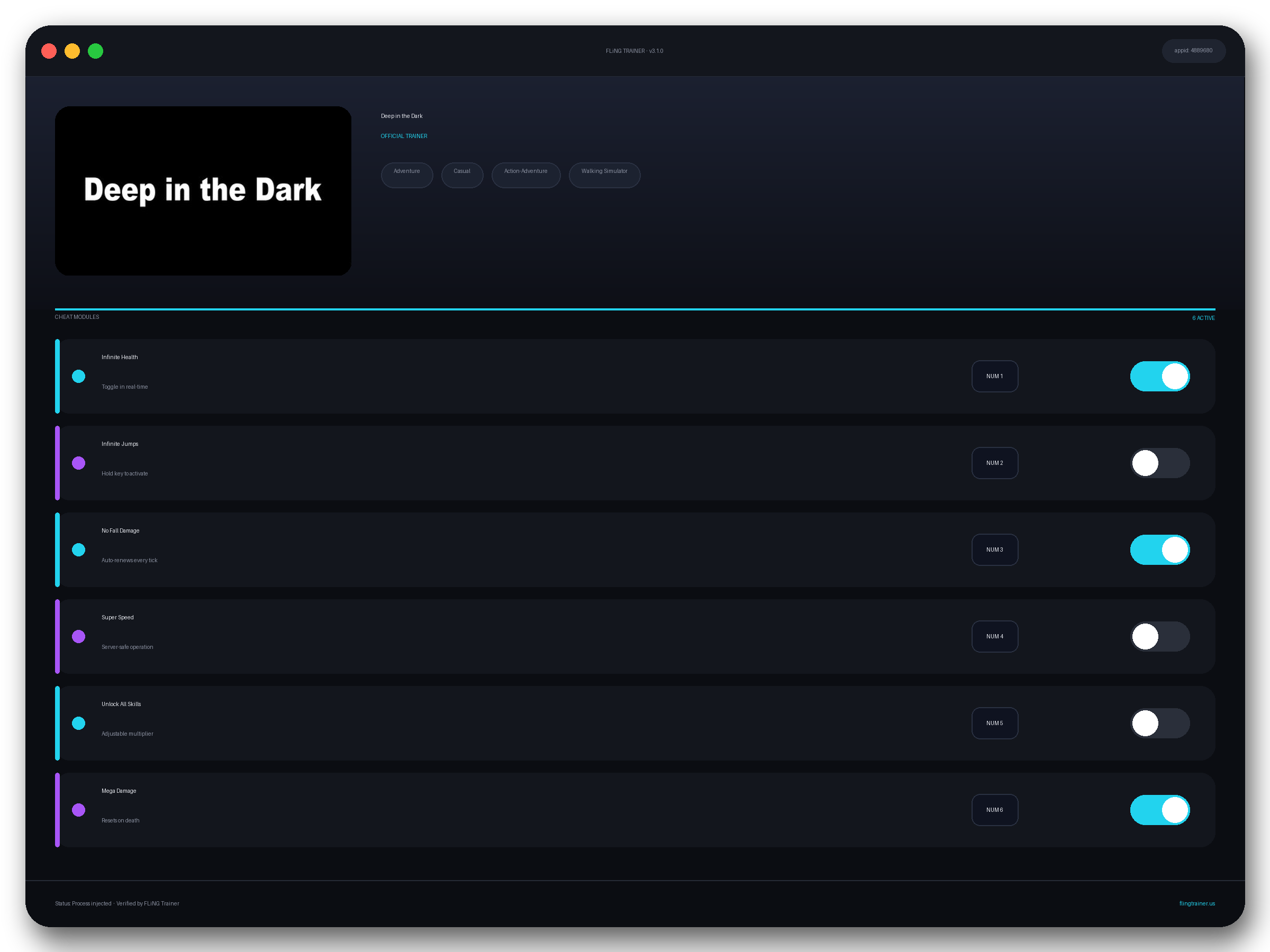 Deep in the Dark Trainer interface