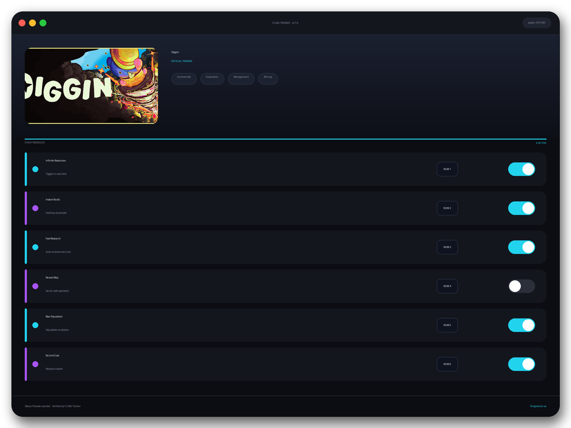 Diggin Trainer interface