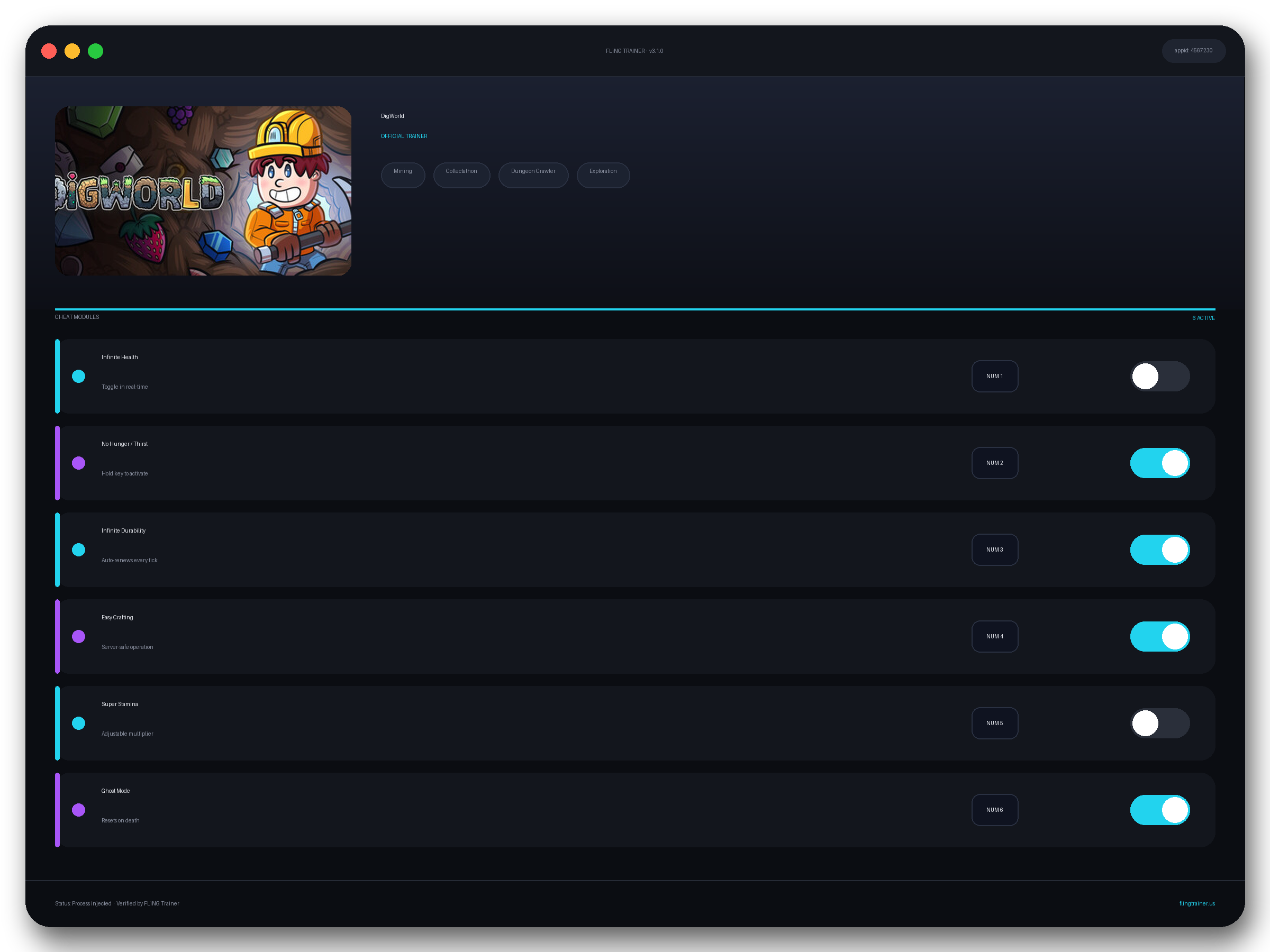 DigWorld Trainer interface
