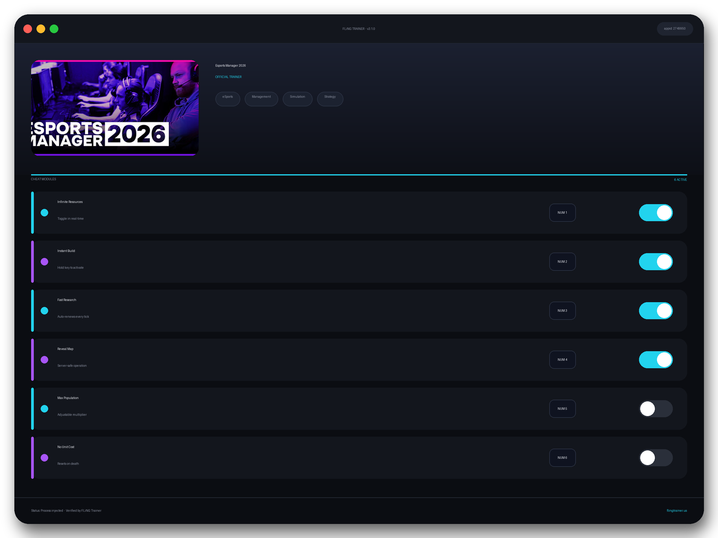 Esports Manager 2026 Trainer interface