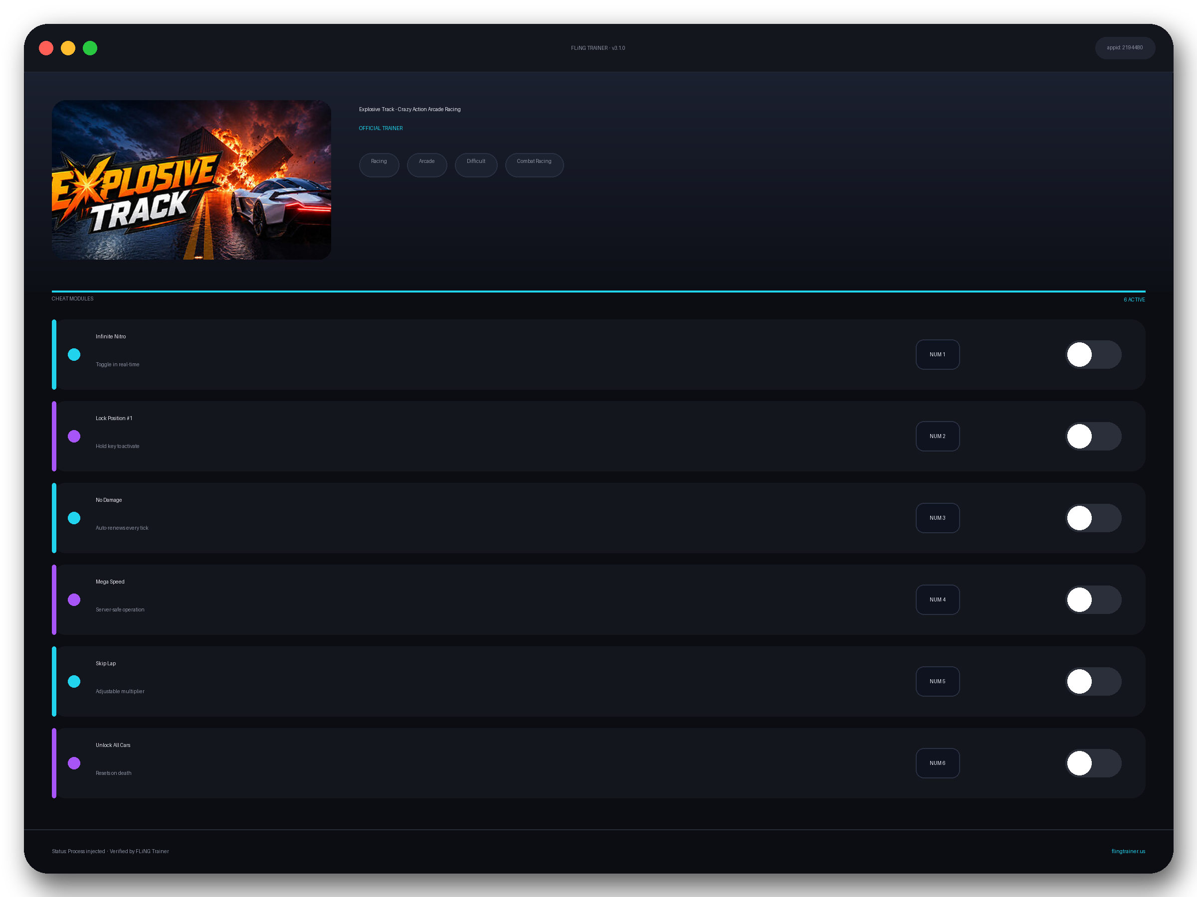 Explosive Track - Crazy Action Arcade Racing Trainer interface