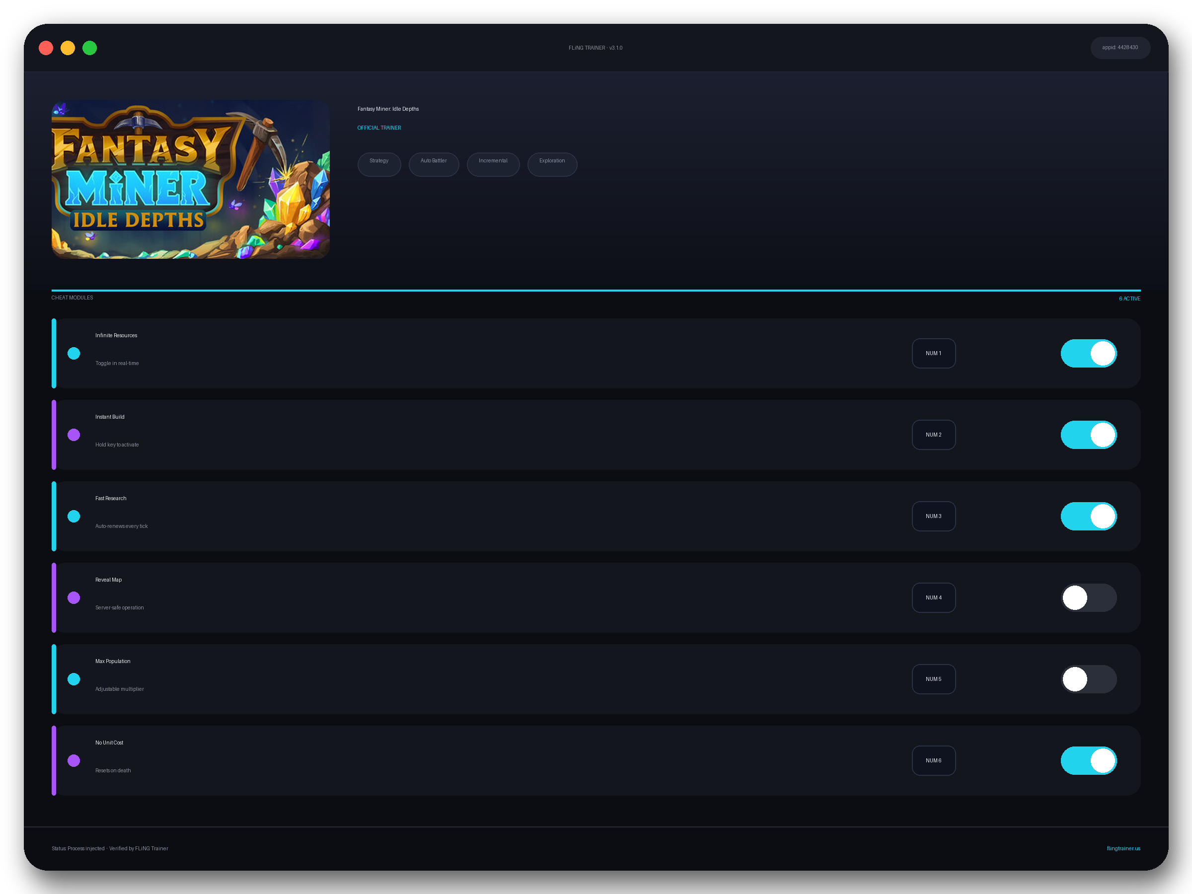 Fantasy Miner: Idle Depths Trainer interface